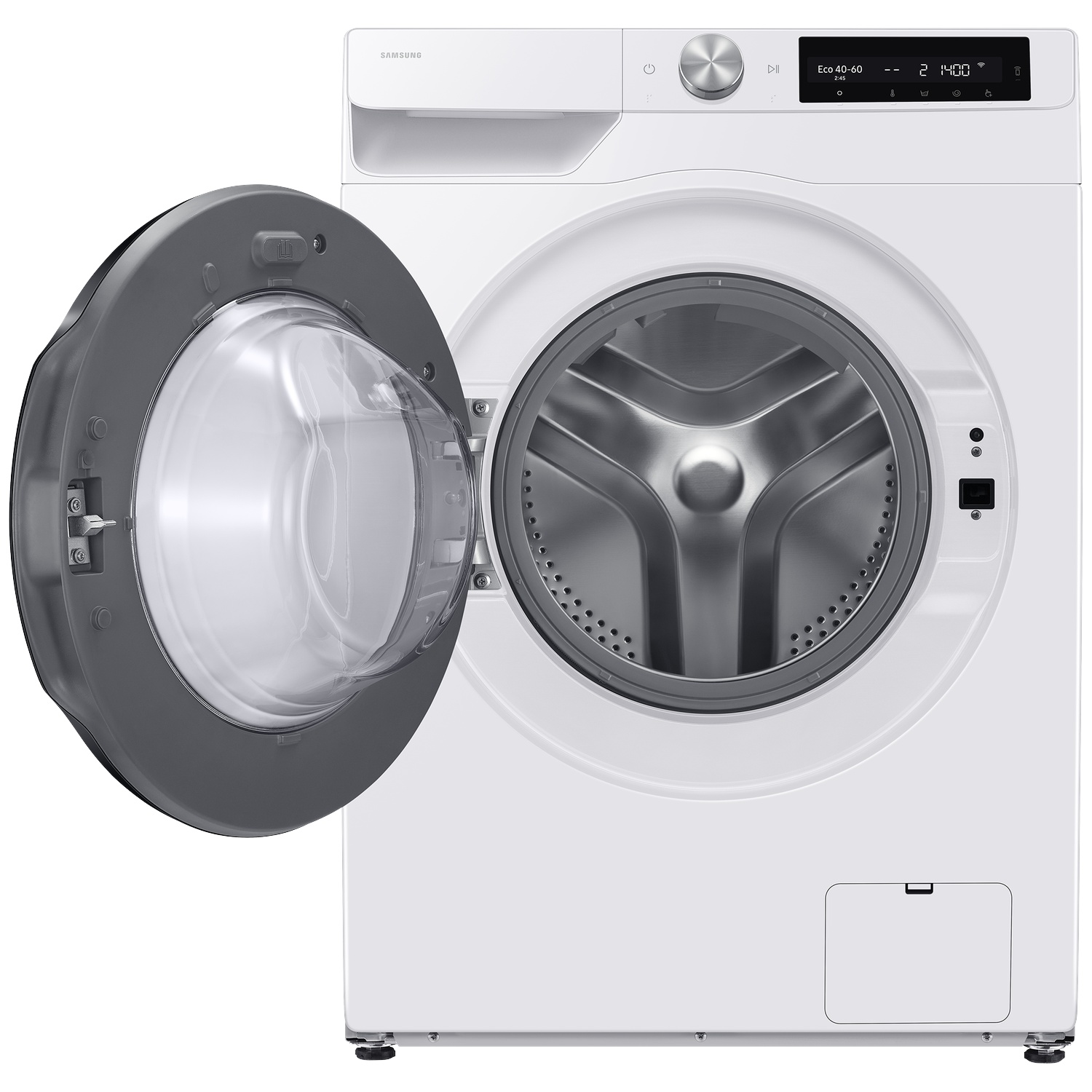 A white Samsung washing machine with an open door and digital display.