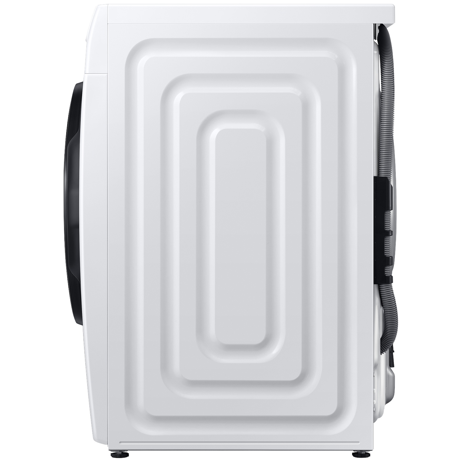 White washing machine seen from the side, with black door and hose connection.