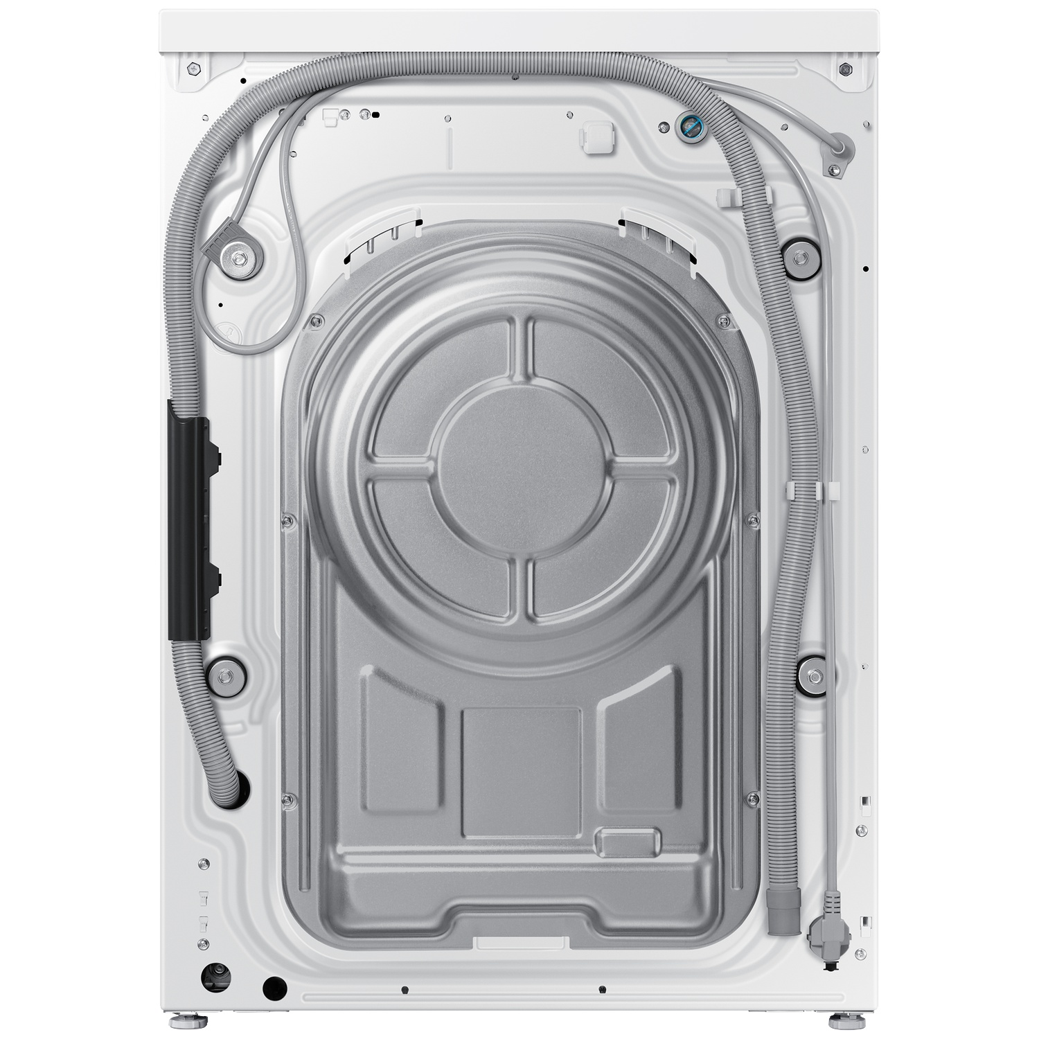 Back of a white washing machine with hoses and a metal cover.