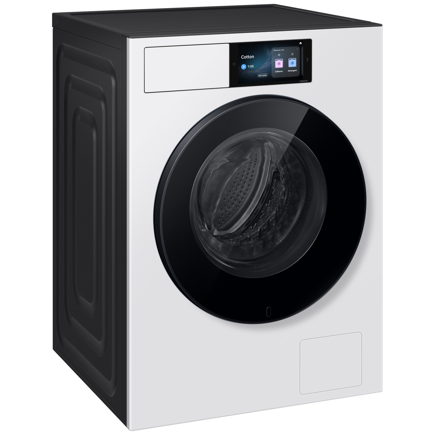 Modern white washing machine with black door and touchscreen display.