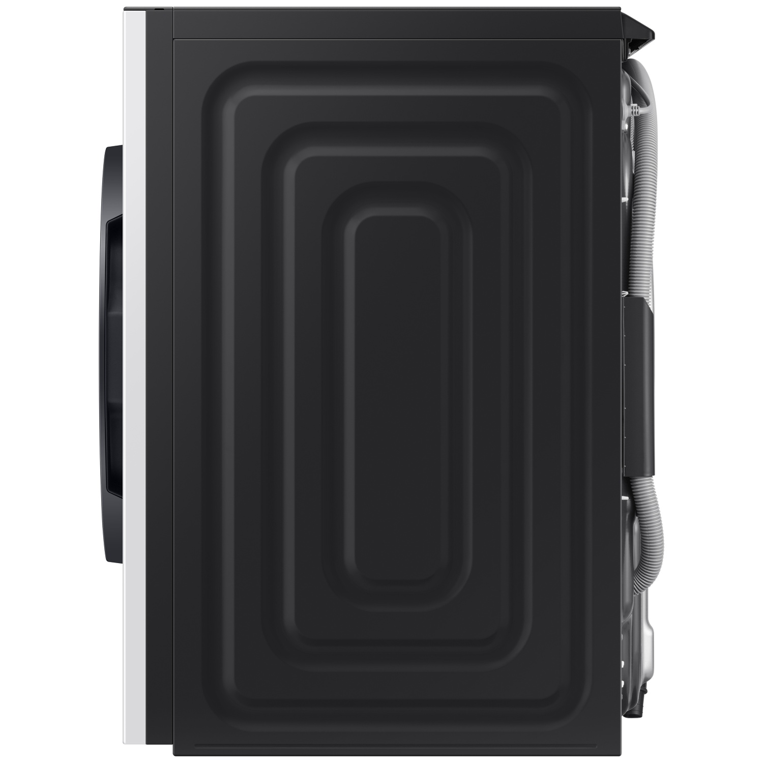 Side view of a black washing machine with a white stripe and hose.