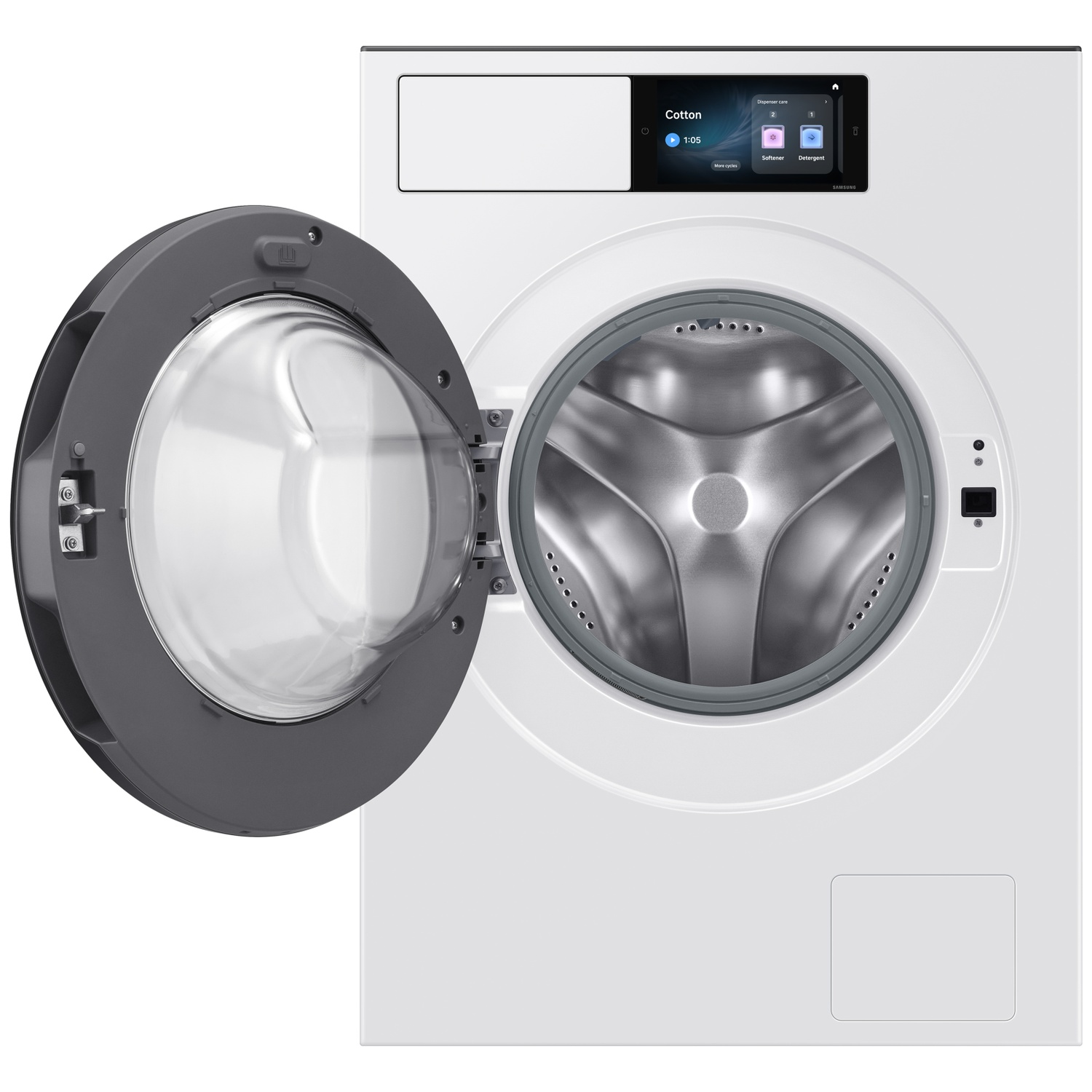 White washing machine with open door and digital touchscreen display.