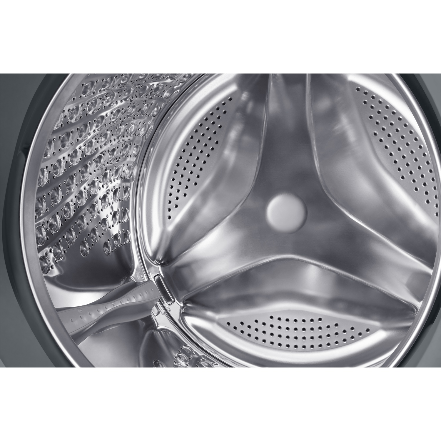 Interior view of a silver washing machine drum with many small holes.