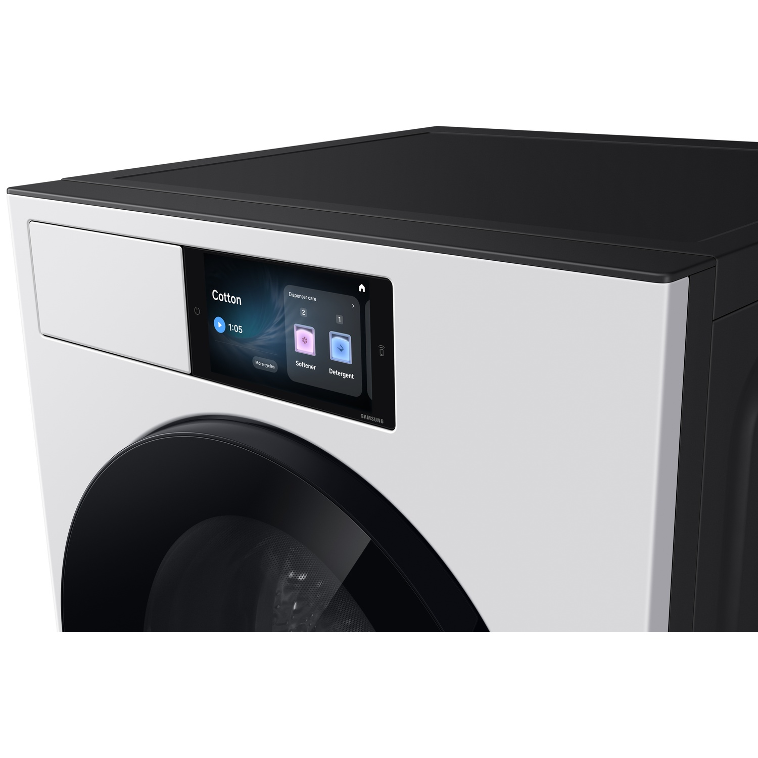 A white washing machine with a digital touchscreen displaying the Cotton cycle.