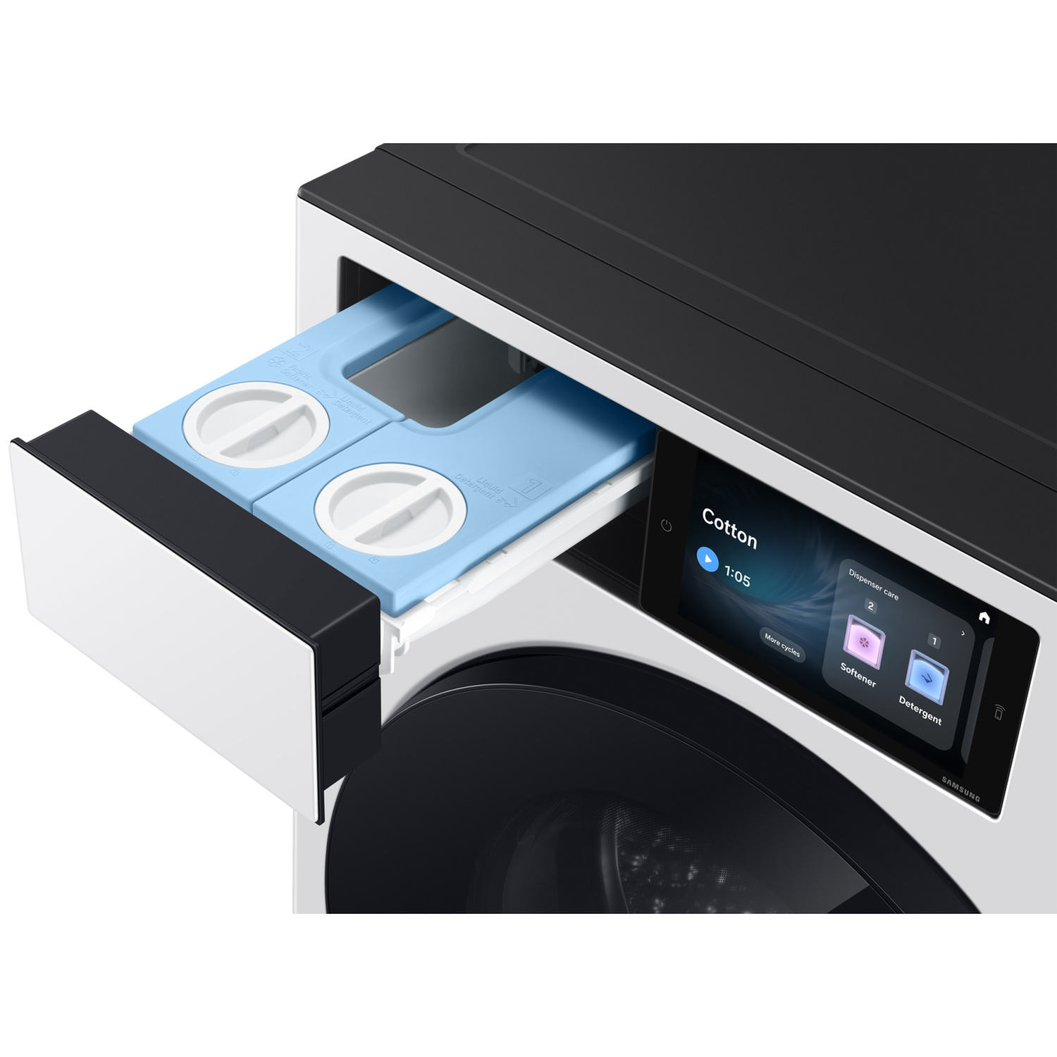 A white washing machine with its detergent and softener dispenser drawer pulled out.