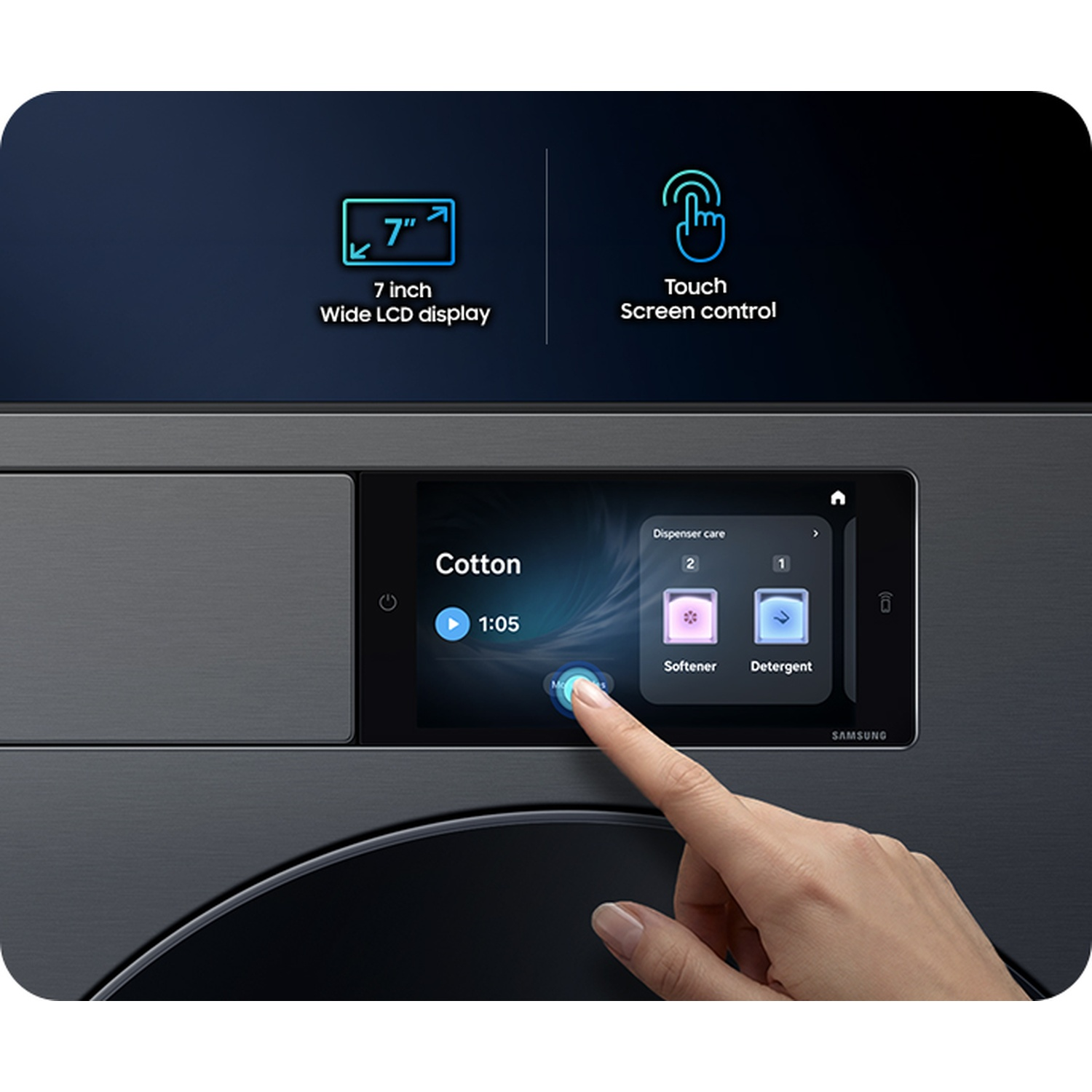 Close up of a hand touching a 7-inch LCD screen on a washing machine.