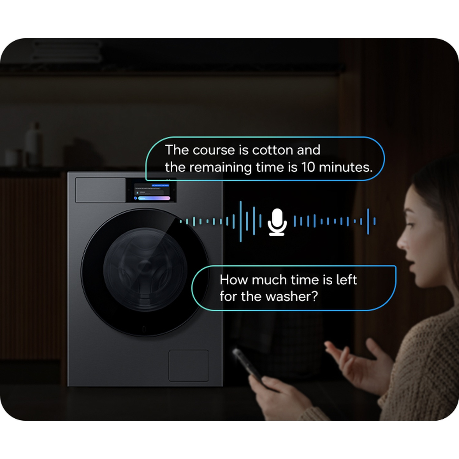 A woman asks a washing machine for remaining time. Display shows 10 minutes left.
