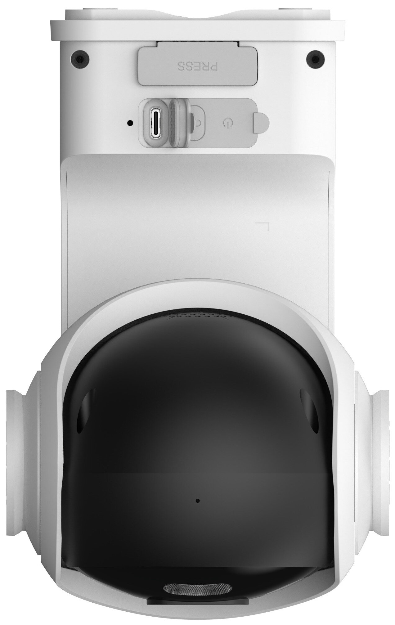 Biała kamera drona z czarnym gimbalem i portem USB-C.