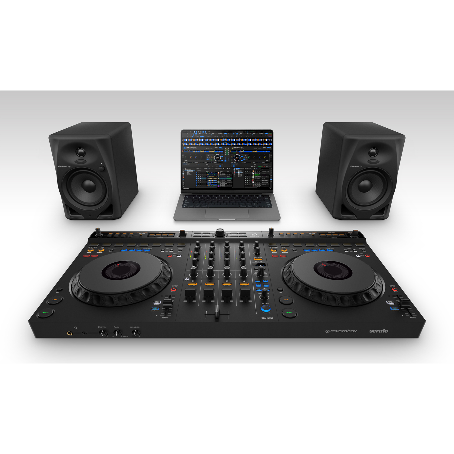 Black DJ controller with two turntables, a laptop, and two speakers.