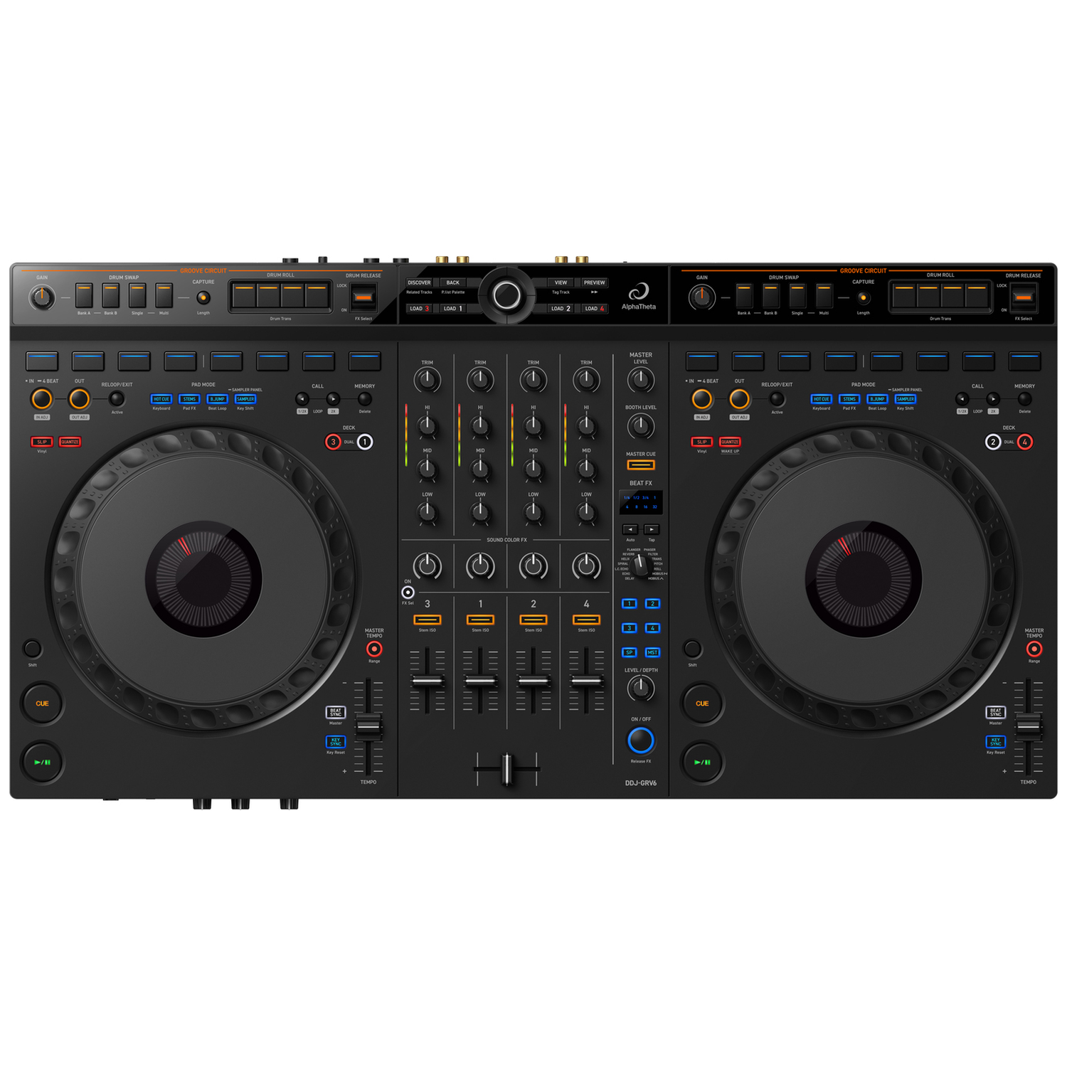 A black DJ controller featuring two turntables, a mixer, and numerous buttons and faders.