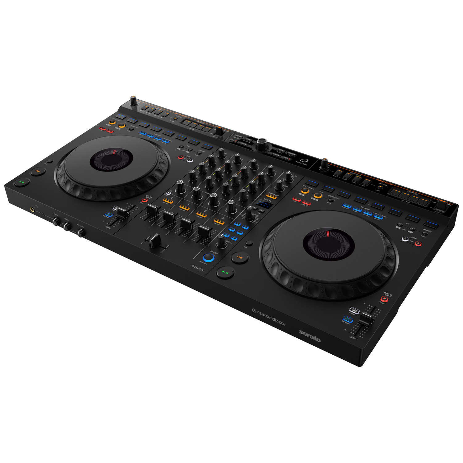 A black DJ console with two turntables, knobs, and sliders.