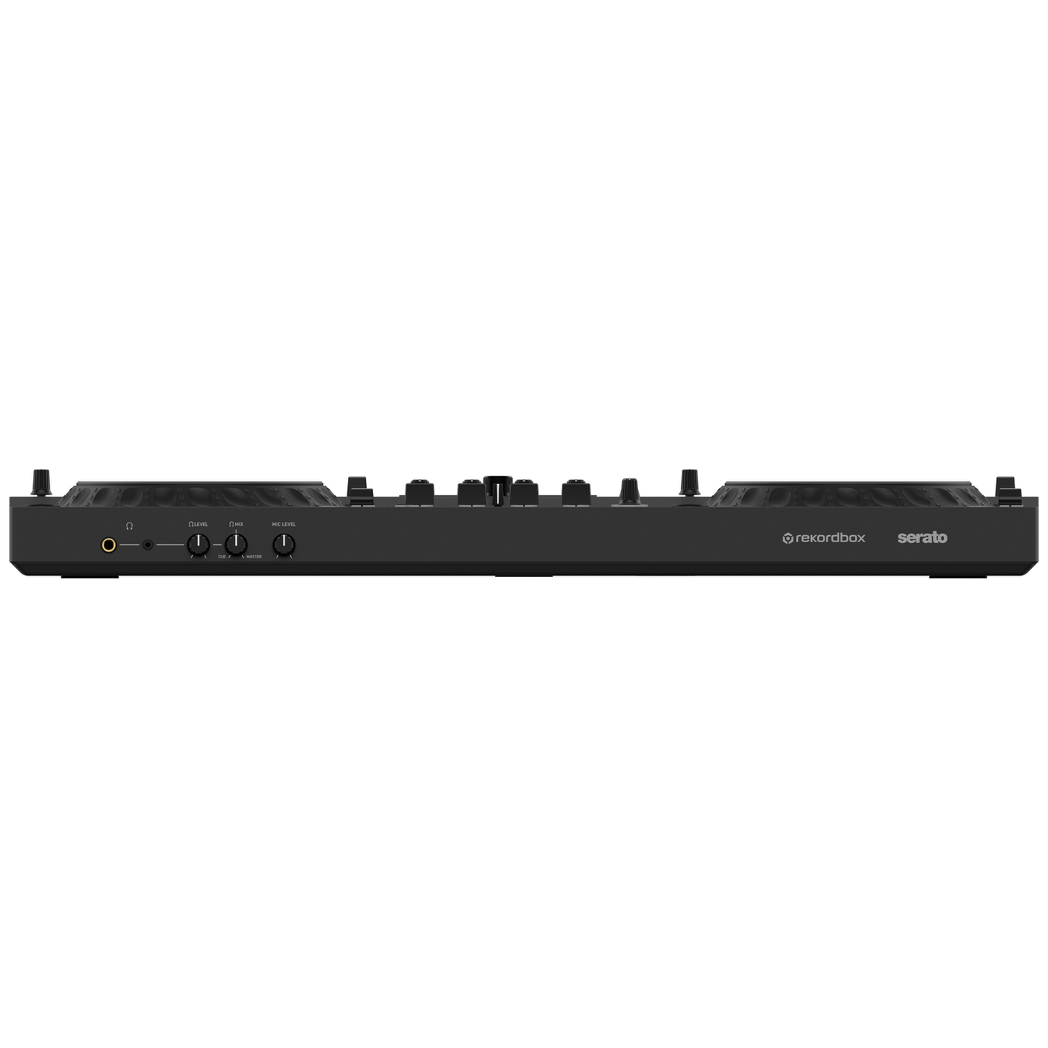 Black DJ controller with knobs and labels like 'Level', 'Mix', and 'Mic Level'.