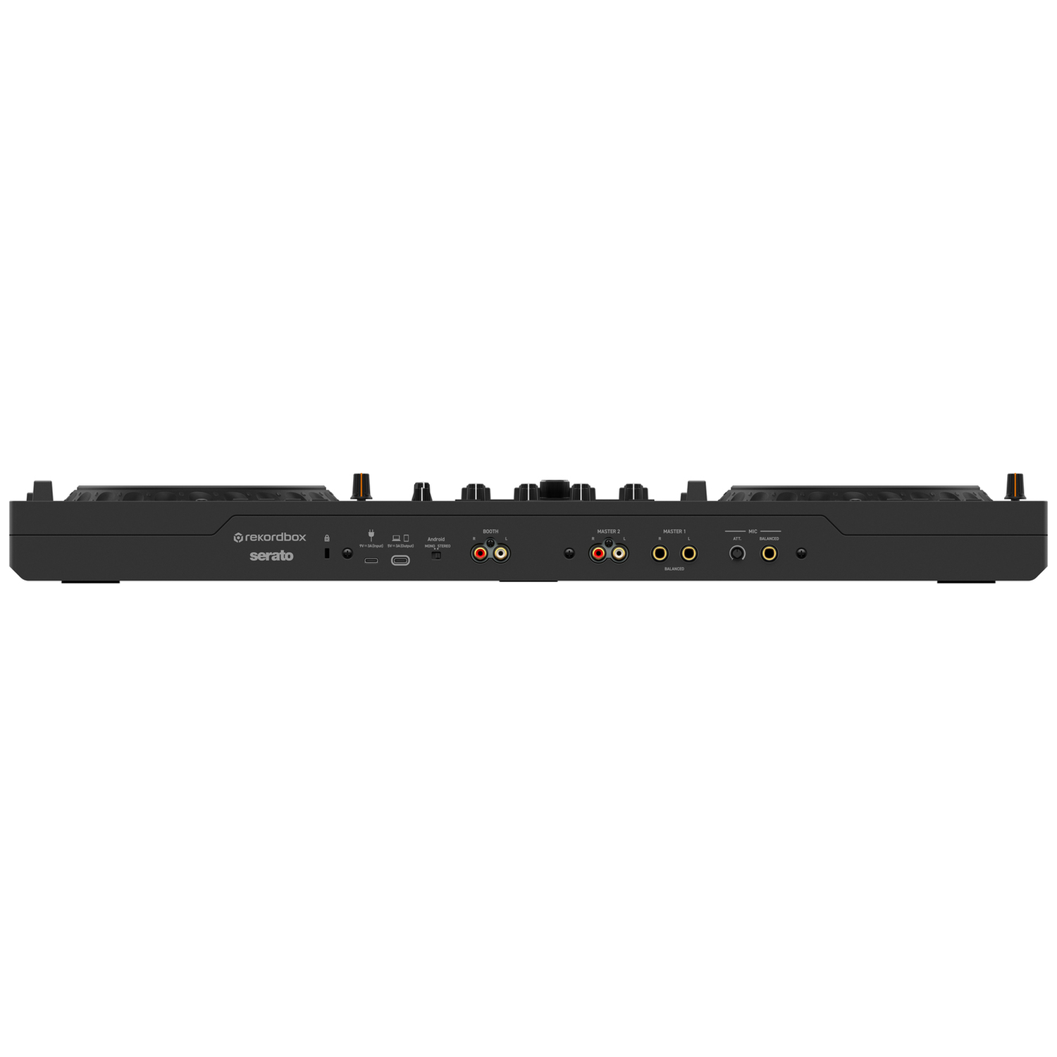 Black DJ controller with ports: USB, RCA, XLR, jack, microphone.