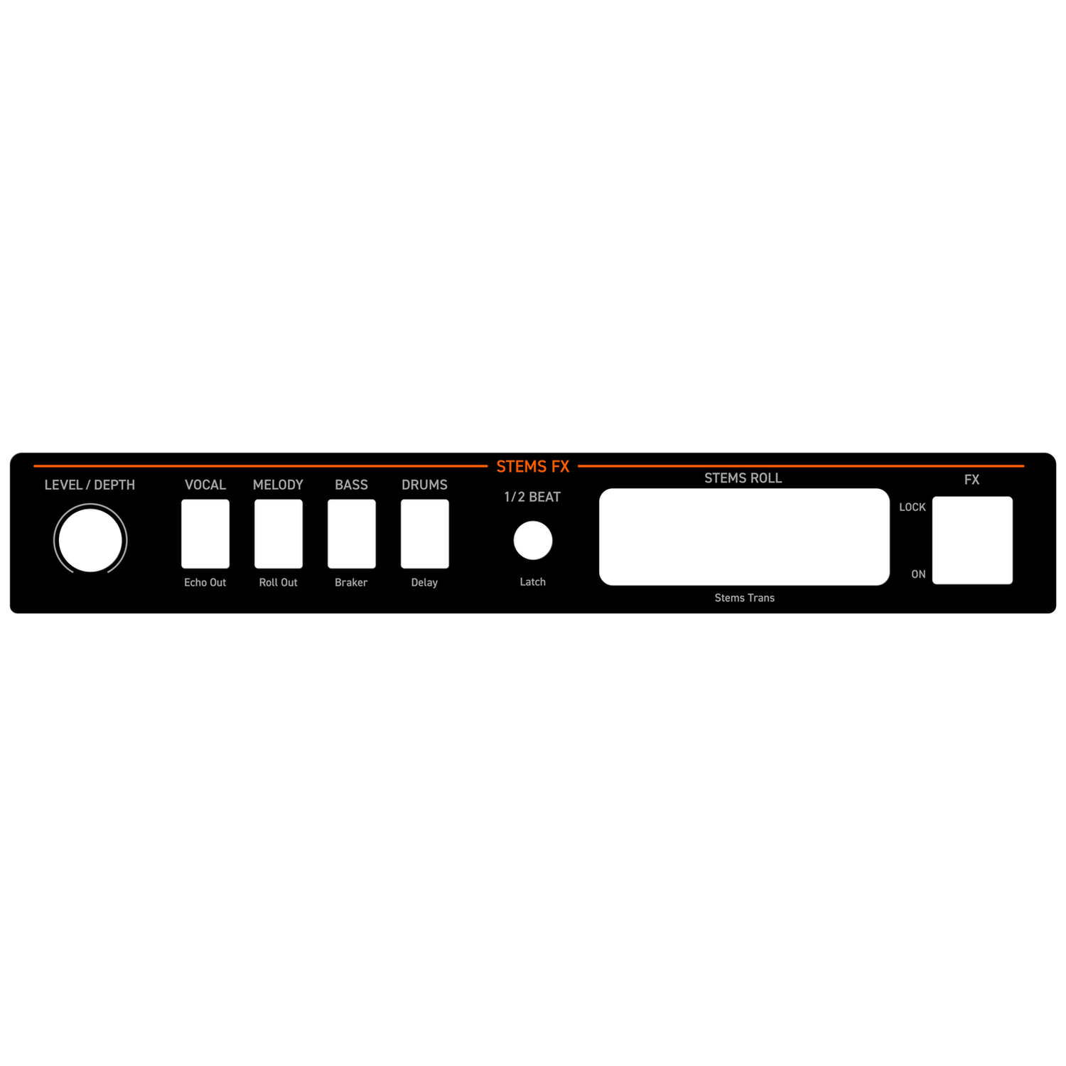A black control panel with labels for Stems FX, Level/Depth, Vocal, Melody, Bass, Drums, Stems Roll, FX.
