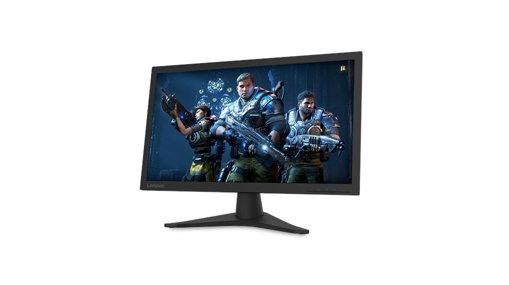 Monitor Lenovo wyświetla trzech opancerzonych bohaterów z bronią.