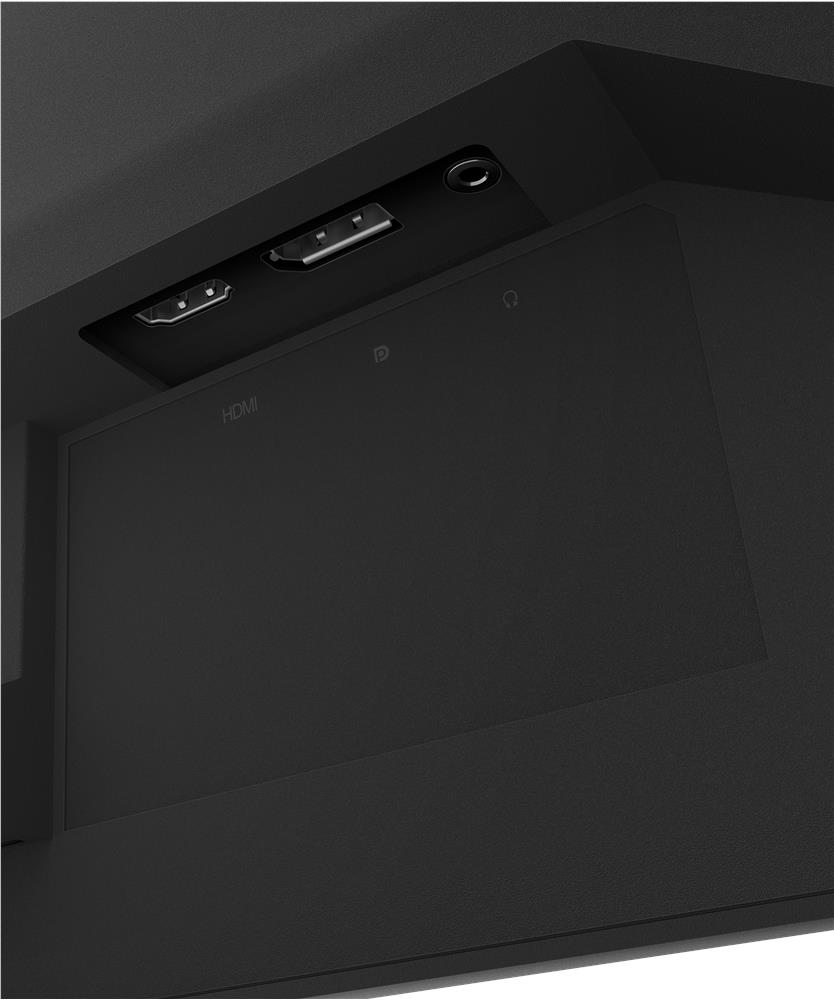 Zbliżenie na porty czarnego monitora: HDMI, gniazdo audio i symbol słuchawek.