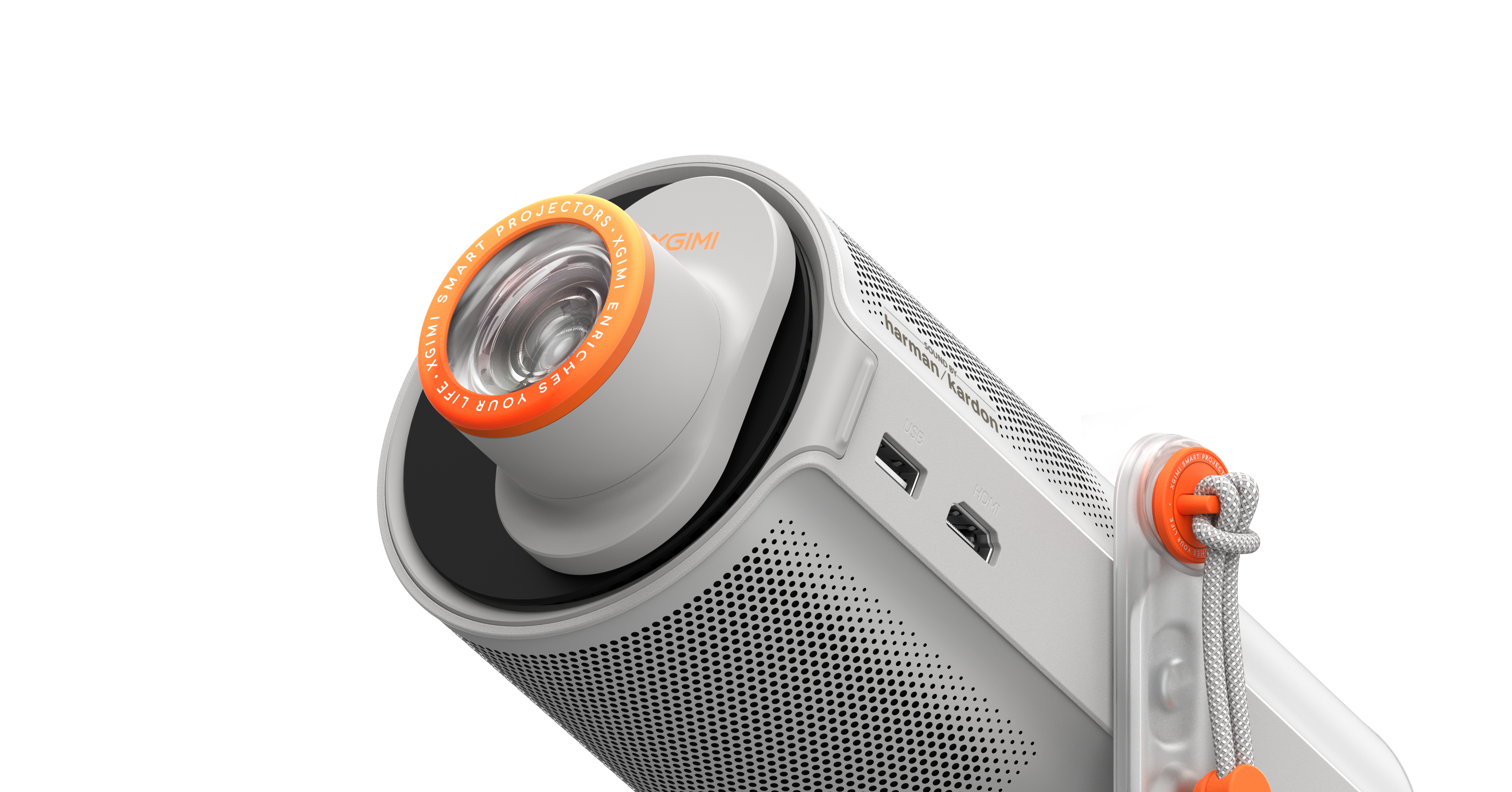 Ein weißer Projektor mit orangefarbenem Ring und USB/HDMI-Anschlüssen.