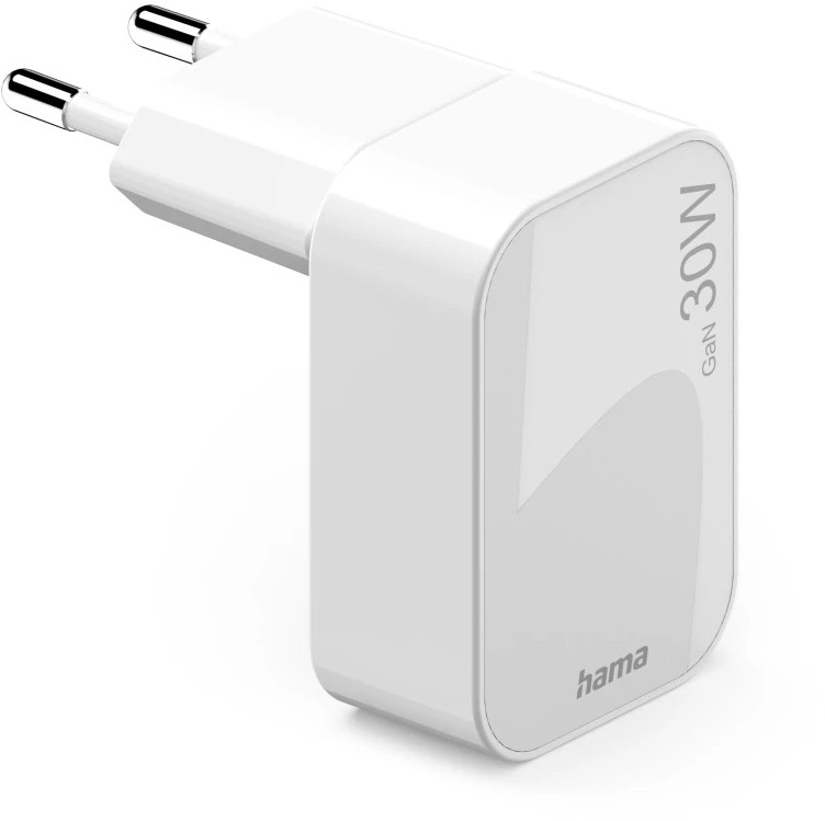 Biała ładowarka Hama GaN 30W USB-C z dwoma metalowymi bolcami.