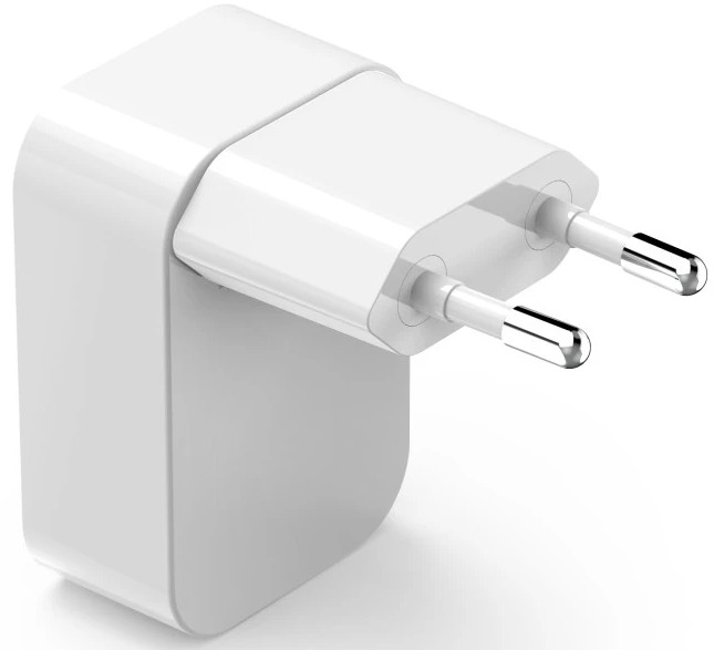 Biały, kompaktowy adapter podróżny z dwoma okrągłymi metalowymi bolcami.