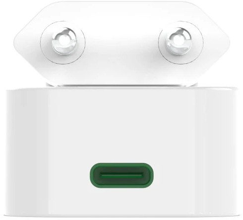 Biały adapter USB-C z dwoma metalowymi bolcami na górze i zielonym portem.