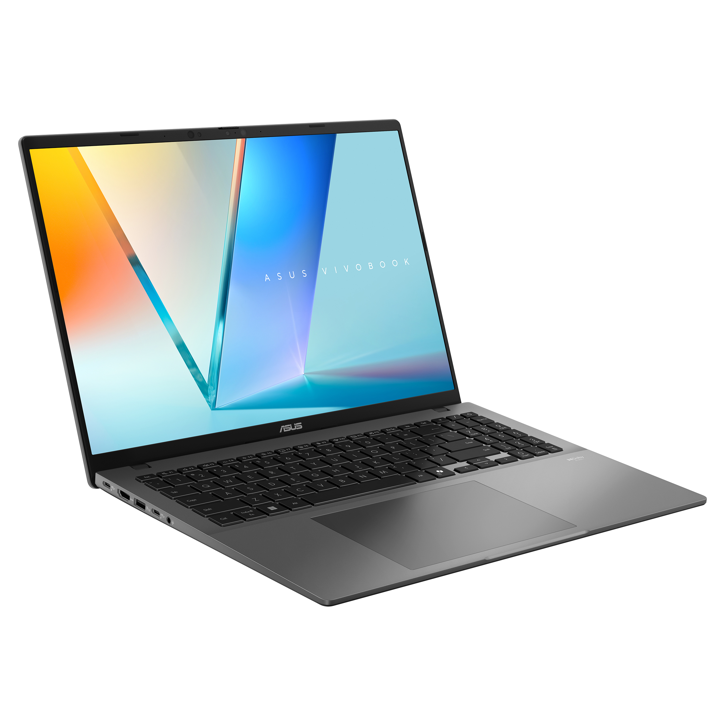 Arkadan aydınlatmalı klavyeli gri bir Asus Vivobook dizüstü bilgisayar.
