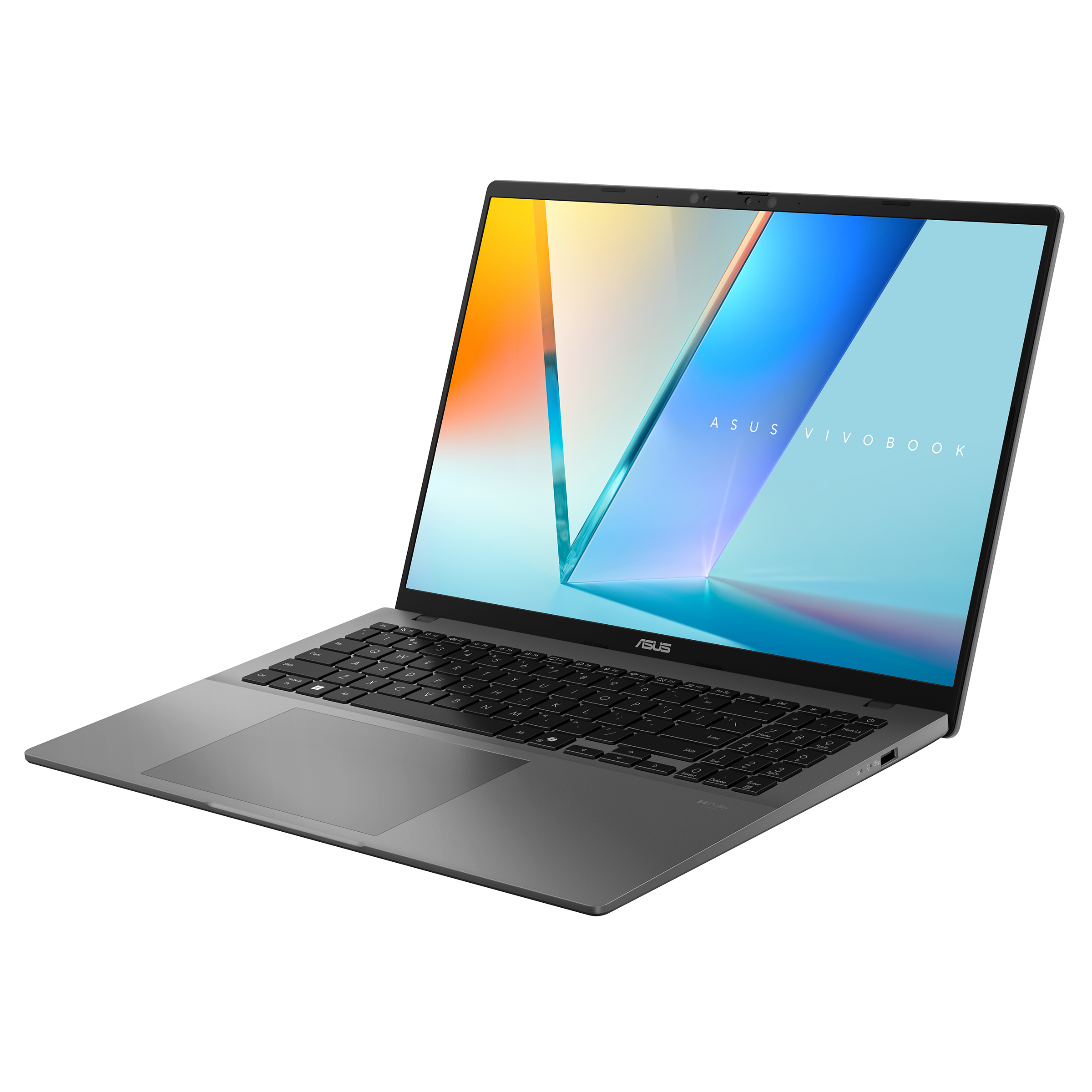 Gümüş renkli Asus Vivobook dizüstü bilgisayar açık, klavyesi ve ekranı görünüyor.