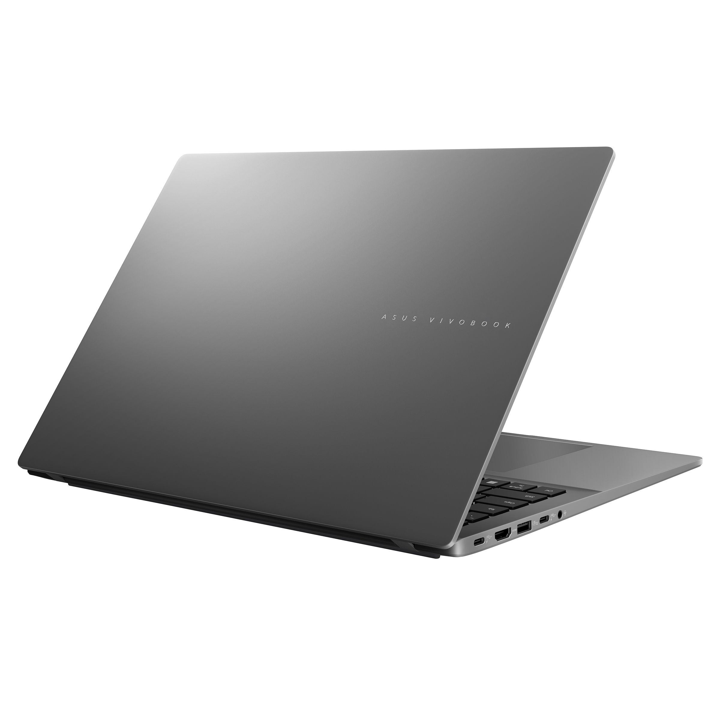 Arkadan görünümüyle kapalı gri Asus Vivobook dizüstü bilgisayar.
