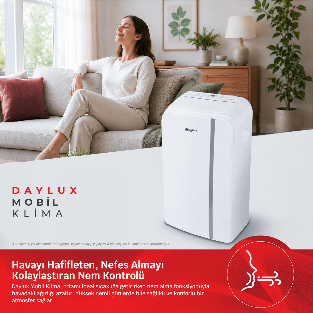 Bir kadın, beyaz bir Daylux klima yanında kanepede dinleniyor.