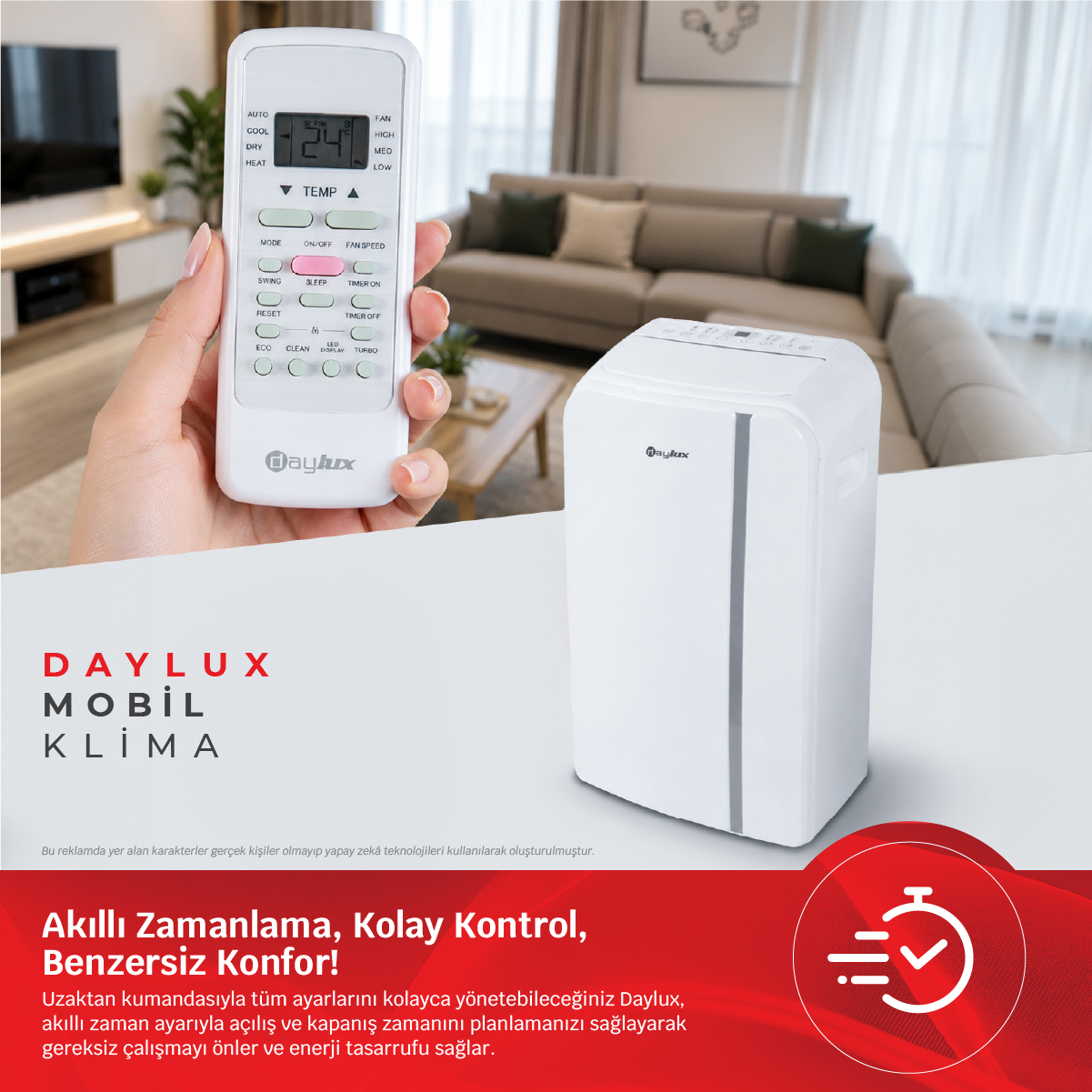 Bir el, oturma odasının önünde bir Daylux klima kumandası tutuyor.