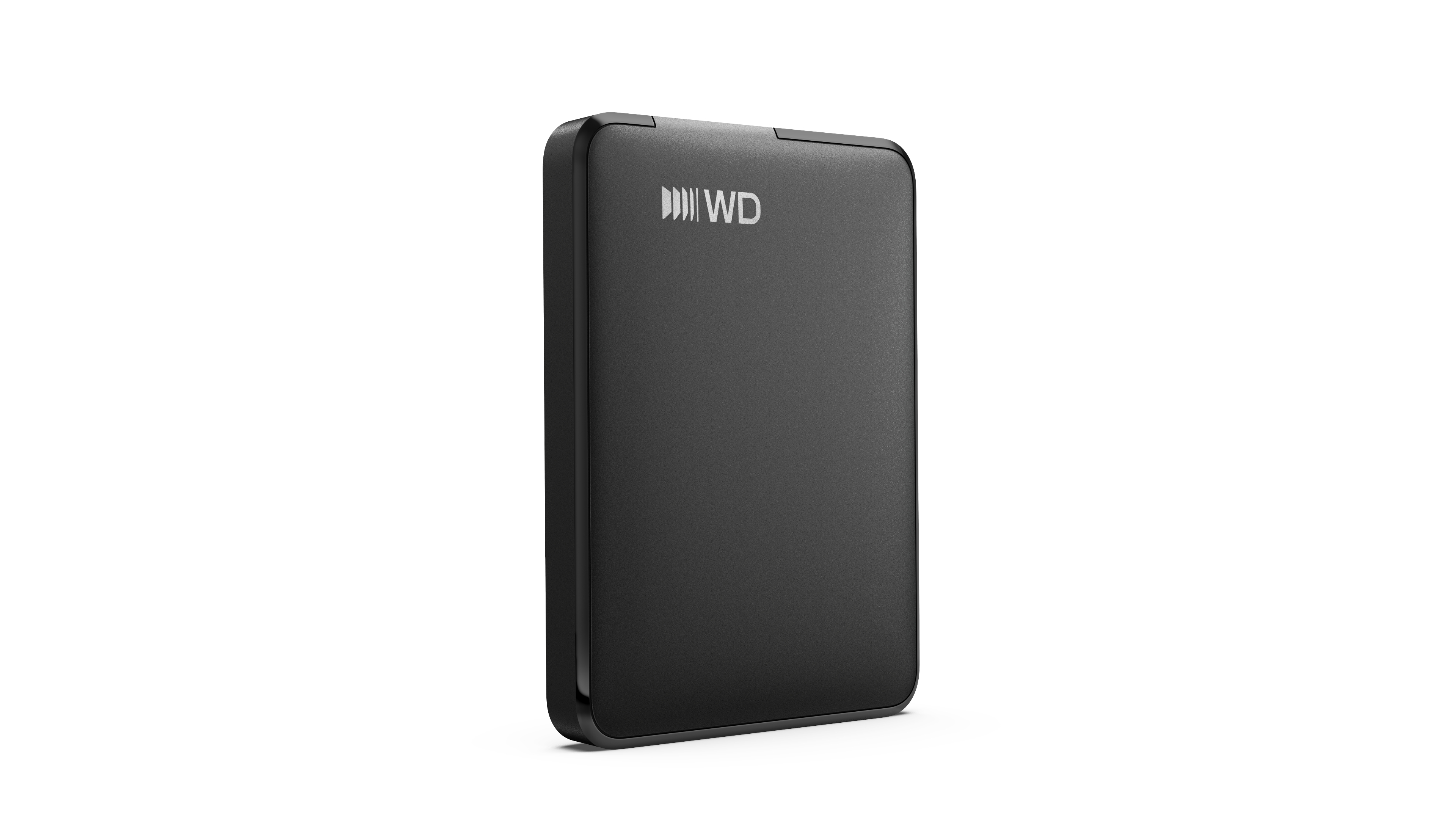 Schwarze externe Festplatte mit WD-Logo, auf weißem Hintergrund.