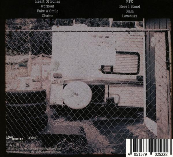 Eine Wohnmobil-Rückseite hinter einem Zaun, mit Songtiteln und Barcode.