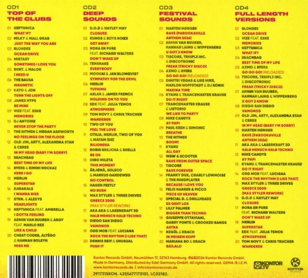 Eine CD-Liste mit Titeln und Künstlern, aufgeteilt in vier Kategorien: Top of the Clubs, Deep Sounds, Festival Sounds, Full Length.