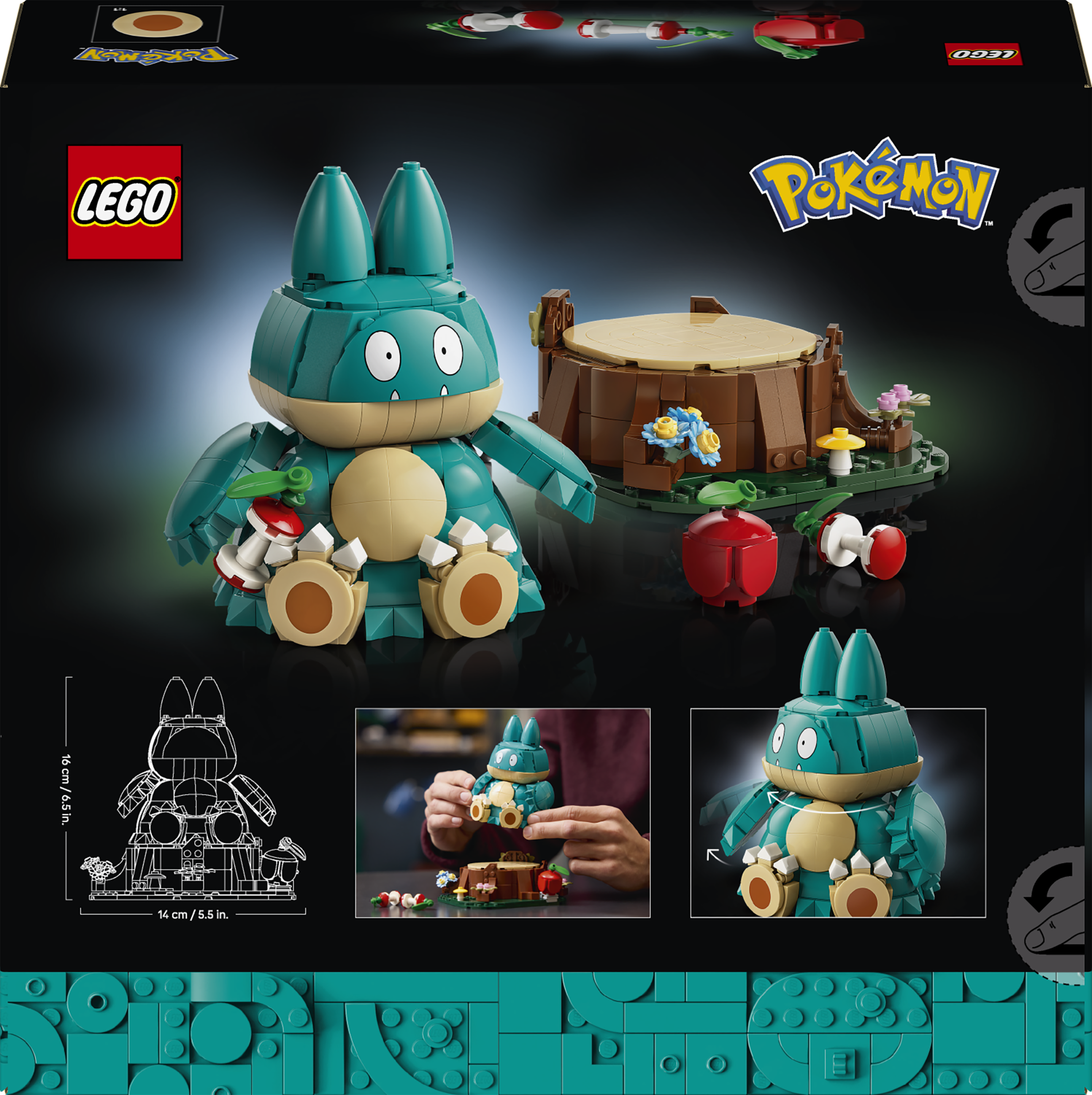 Lego-Set mit einem grünen Pokémon-Charakter neben einem Baumstumpf mit Pilzen.