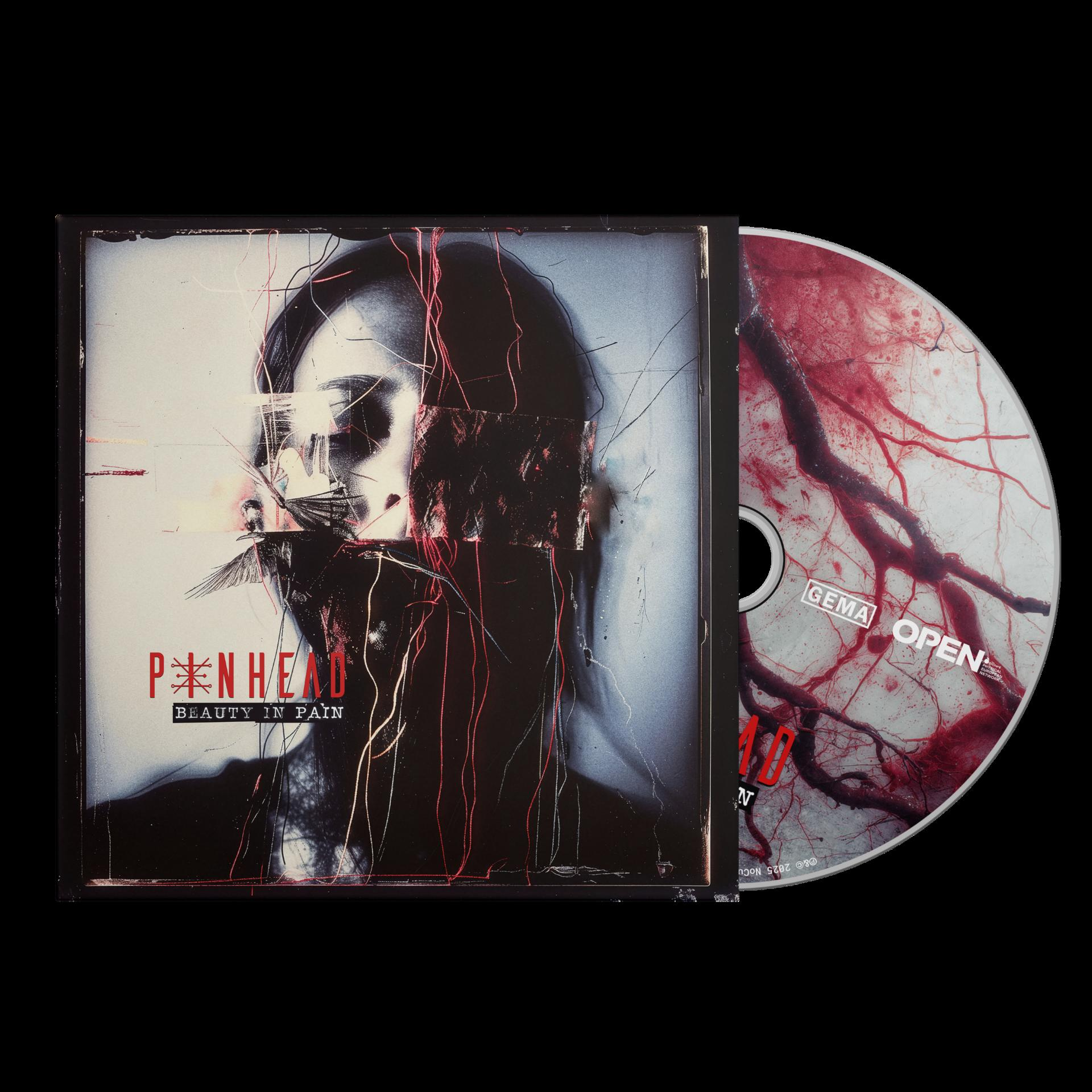 CD-Hülle mit Porträt und einer CD mit blutigem Design auf schwarzem Hintergrund.