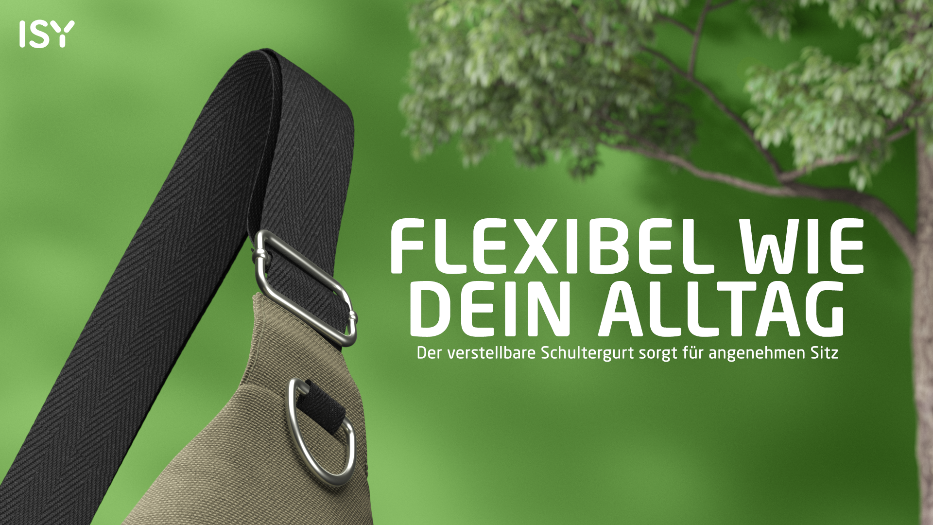 Tasche mit verstellbarem Gurt vor grünem Hintergrund und Baum.