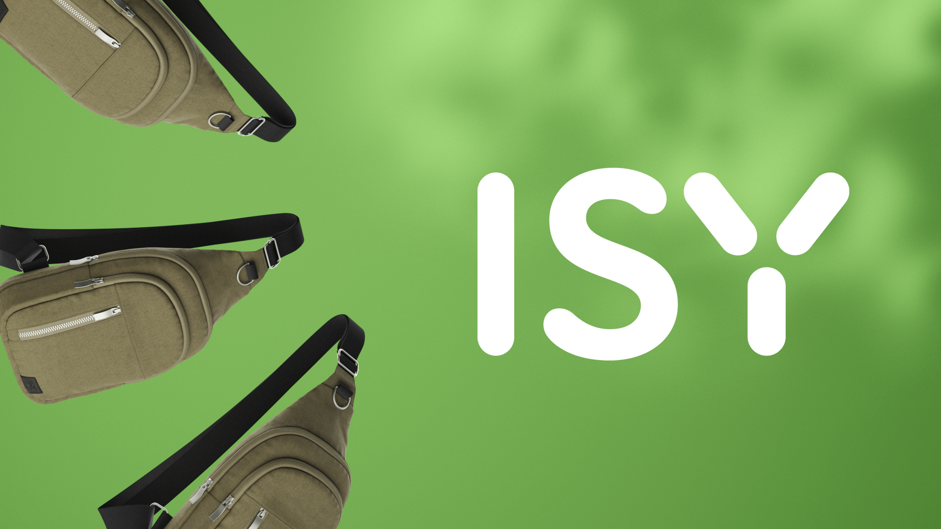 Drei grüne Umhängetaschen mit schwarzen Riemen auf grünem Hintergrund mit ISY-Logo.