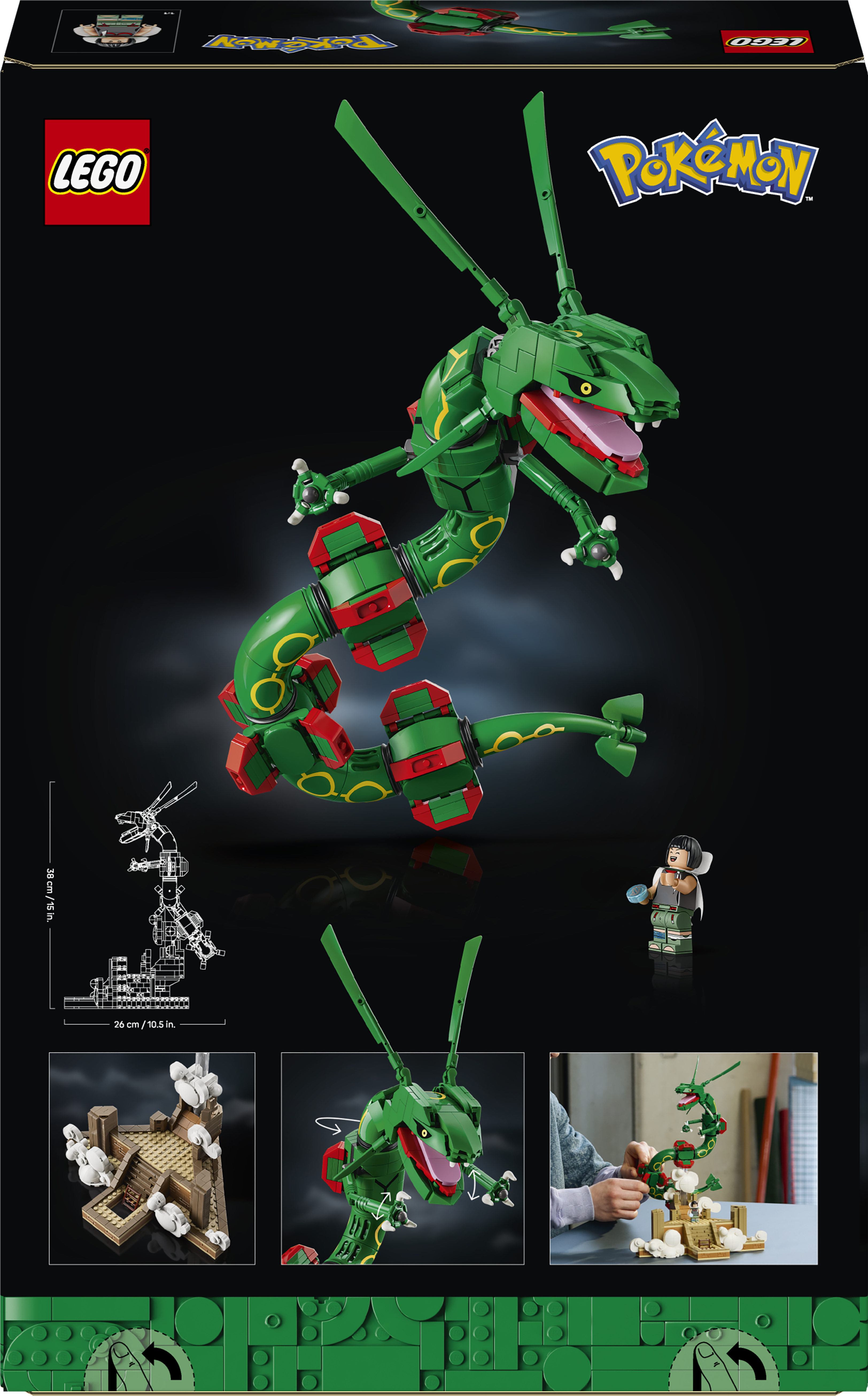 Grüner Lego Rayquaza mit Pokemon-Logo, Minifigur und Bauanleitung.