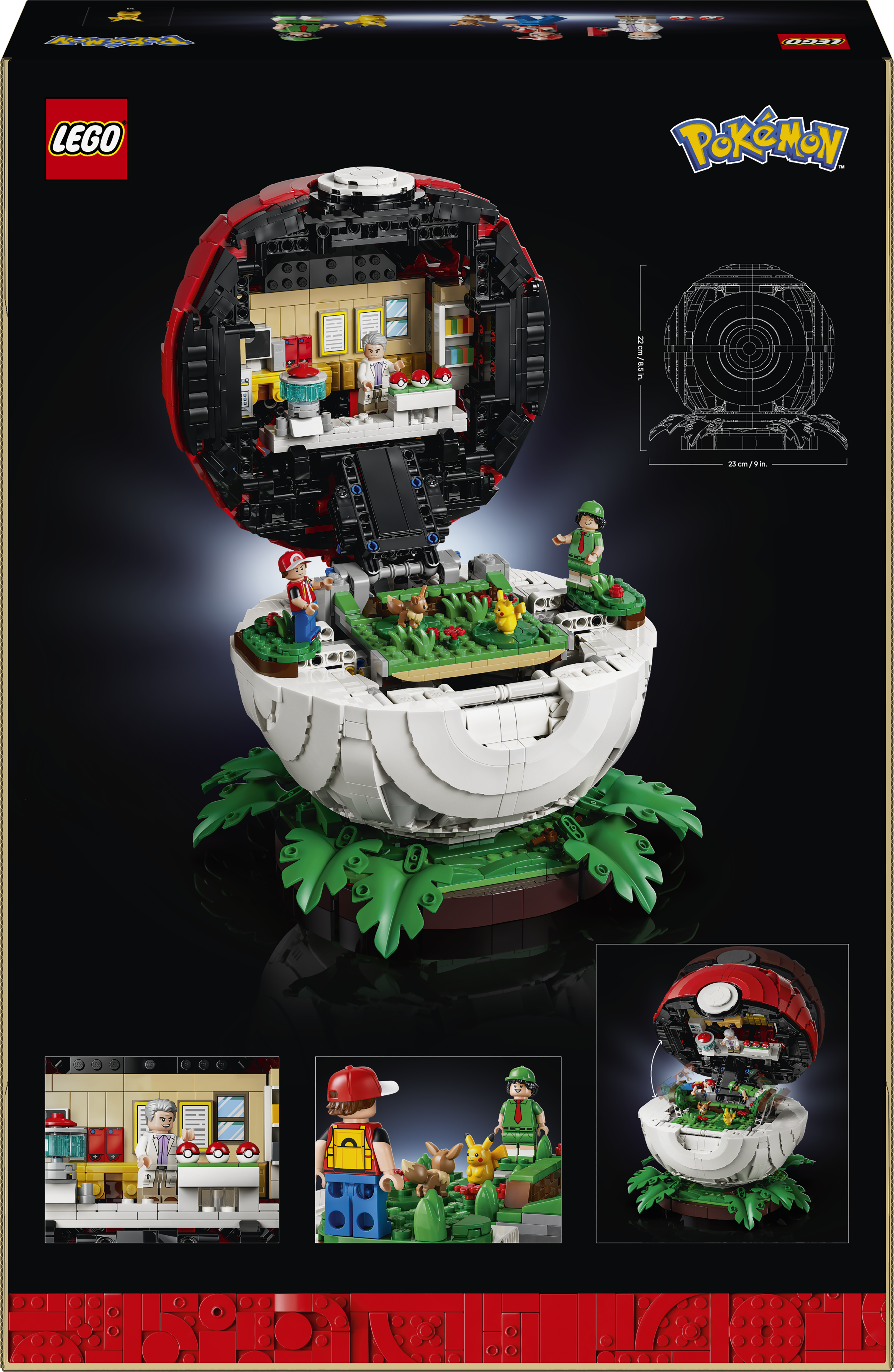 Ein Lego-Pokeball-Set mit Figuren, Innenraum und Außenlandschaft.
