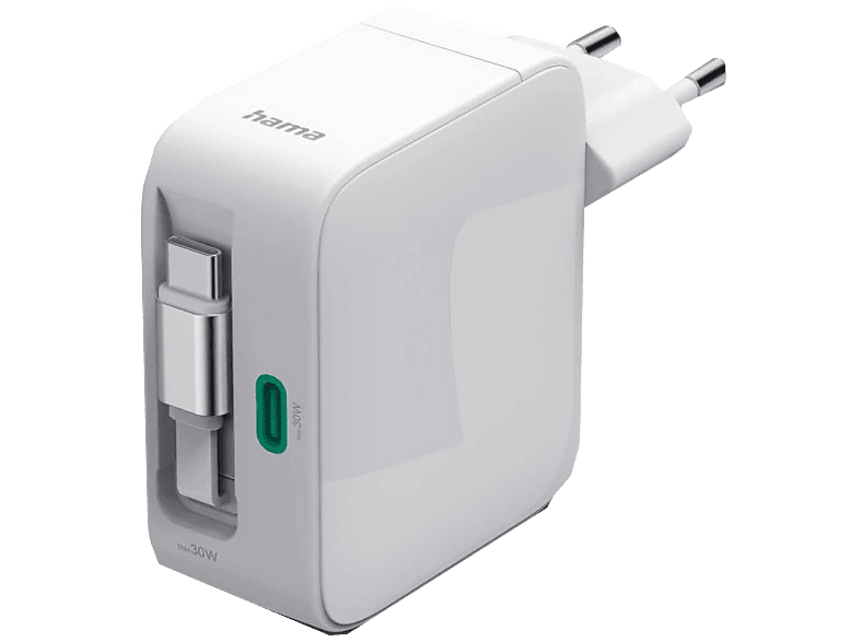 Фото - Зарядний пристрій Hama Ładowarka sieciowa  30W GaN 2x USB-C zwijany kabel Biały Biały 201956 