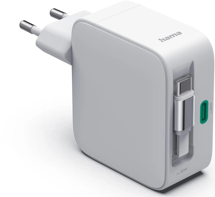 Biały adapter sieciowy Hama z portem USB-C i dwoma metalowymi bolcami.