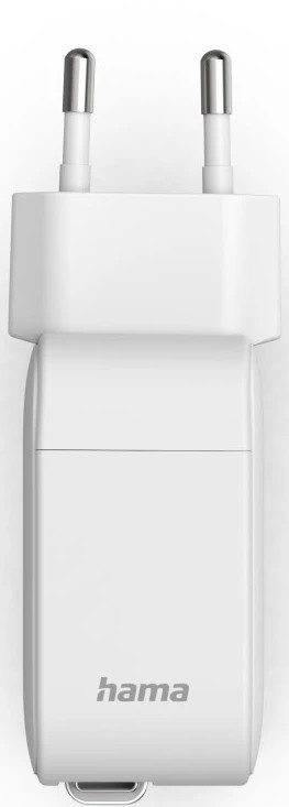 Biały adapter sieciowy Hama z dwoma srebrnymi bolcami i portem USB-C.