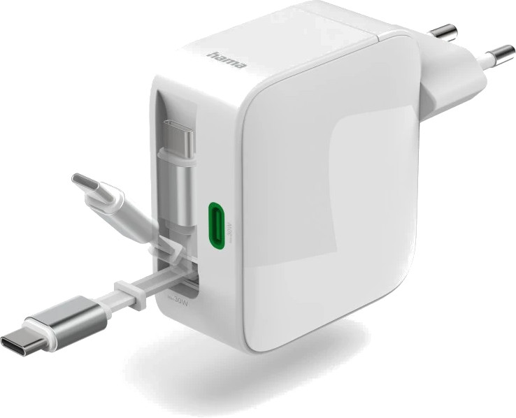 Biały zasilacz USB-C Hama z dwoma podłączonymi kablami.