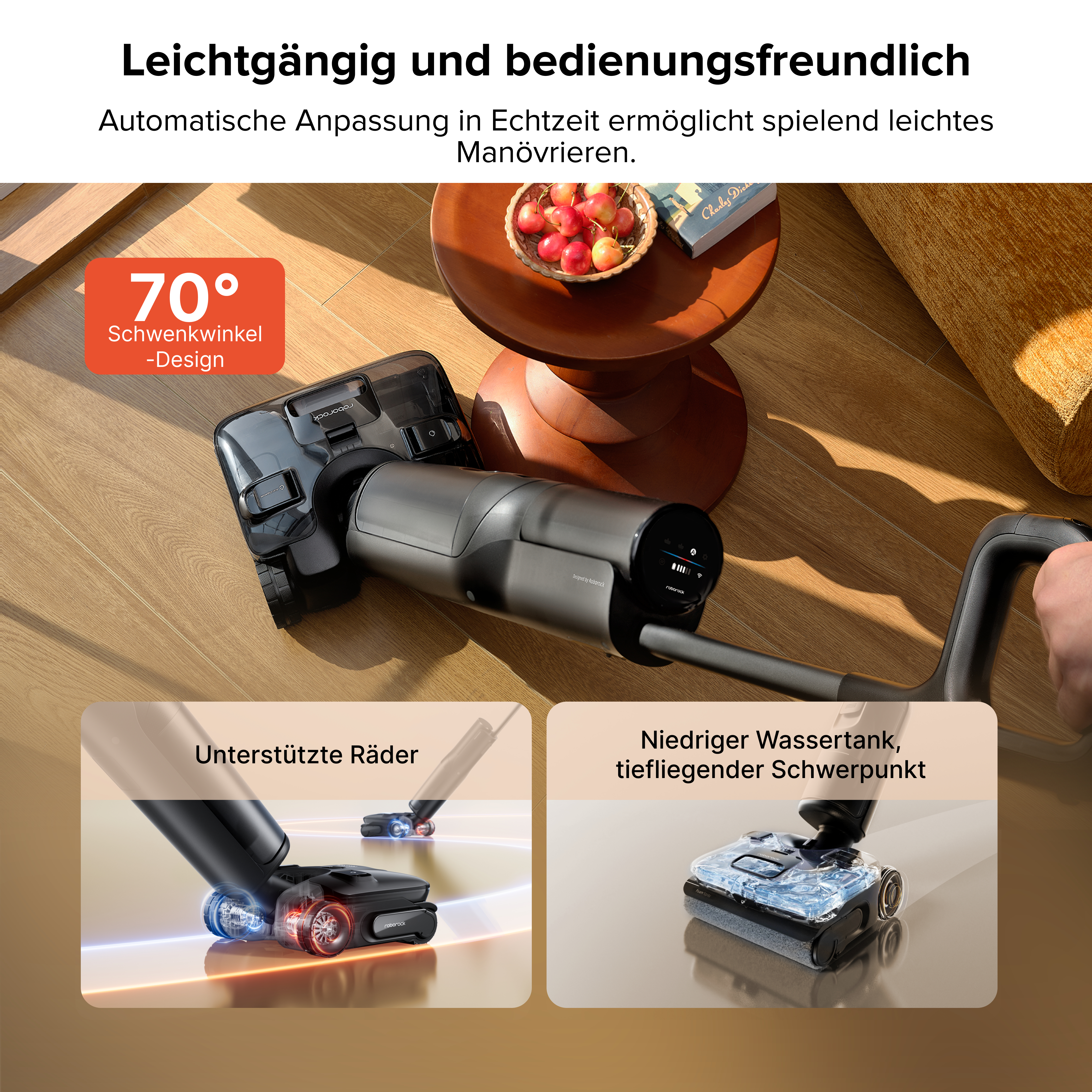 Ein moderner Staubsauger mit Zubehör auf einem Holzboden.