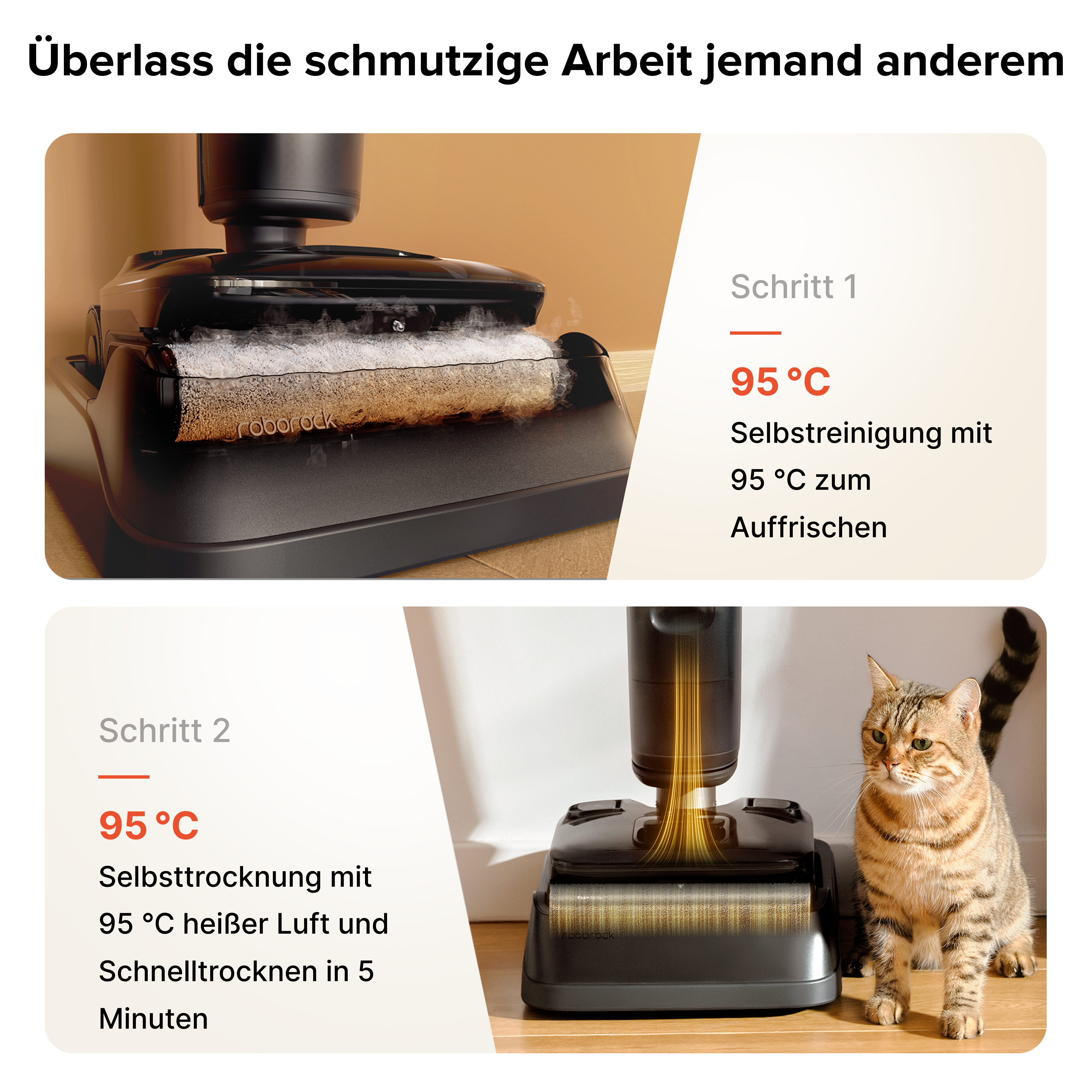 Ein Roboter-Staubsauger reinigt und trocknet sich bei 95°C. Eine Katze sitzt daneben.