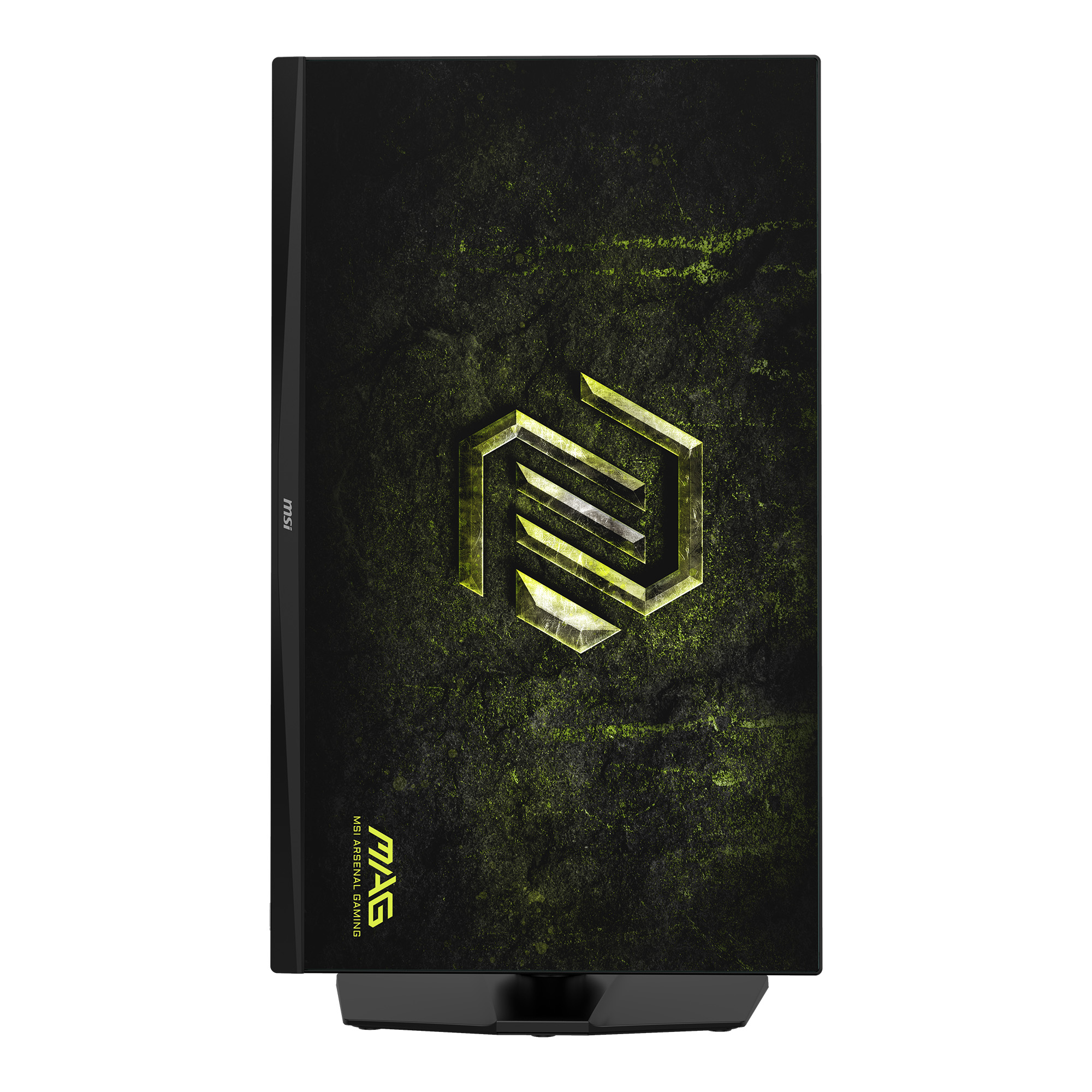 Ein schwarzer MSI MAG Gaming-Monitor mit grünem Texturhintergrund und goldenem Hexagon-Logo.