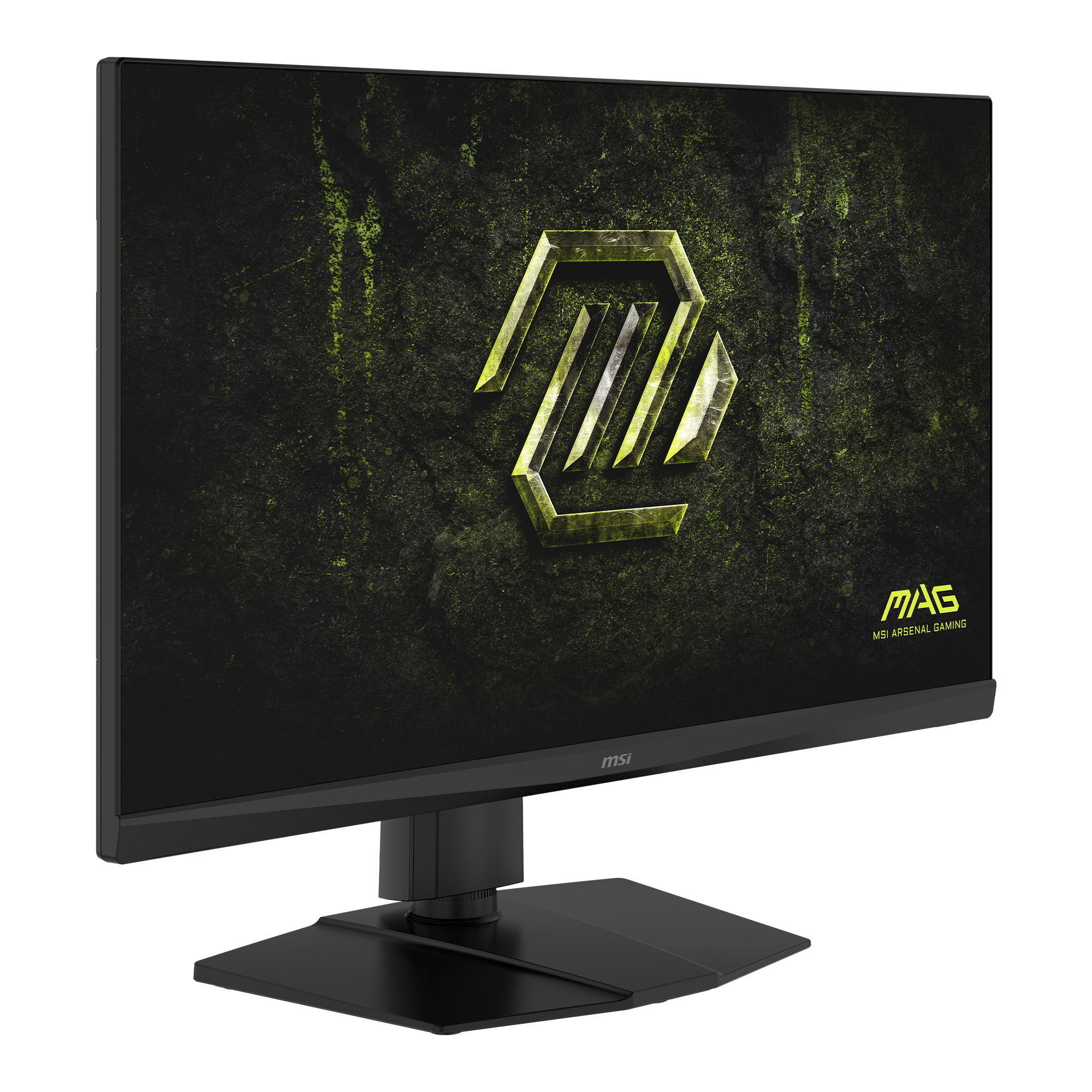 Ein schwarzer MSI Gaming-Monitor mit einem grünen Logo auf dunklem Hintergrund.