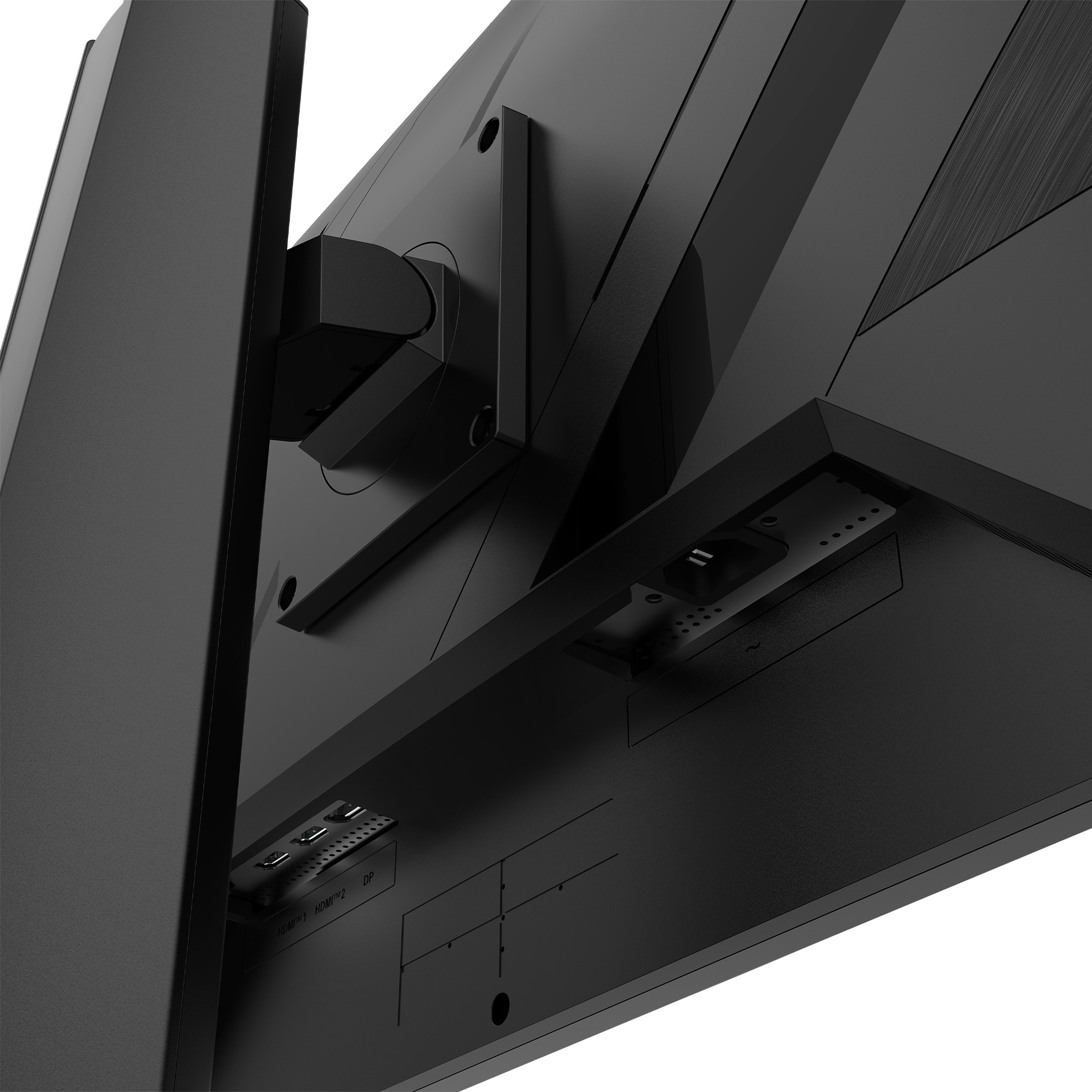 Rückseite eines schwarzen Monitors mit Anschlüssen wie HDMI und DP.