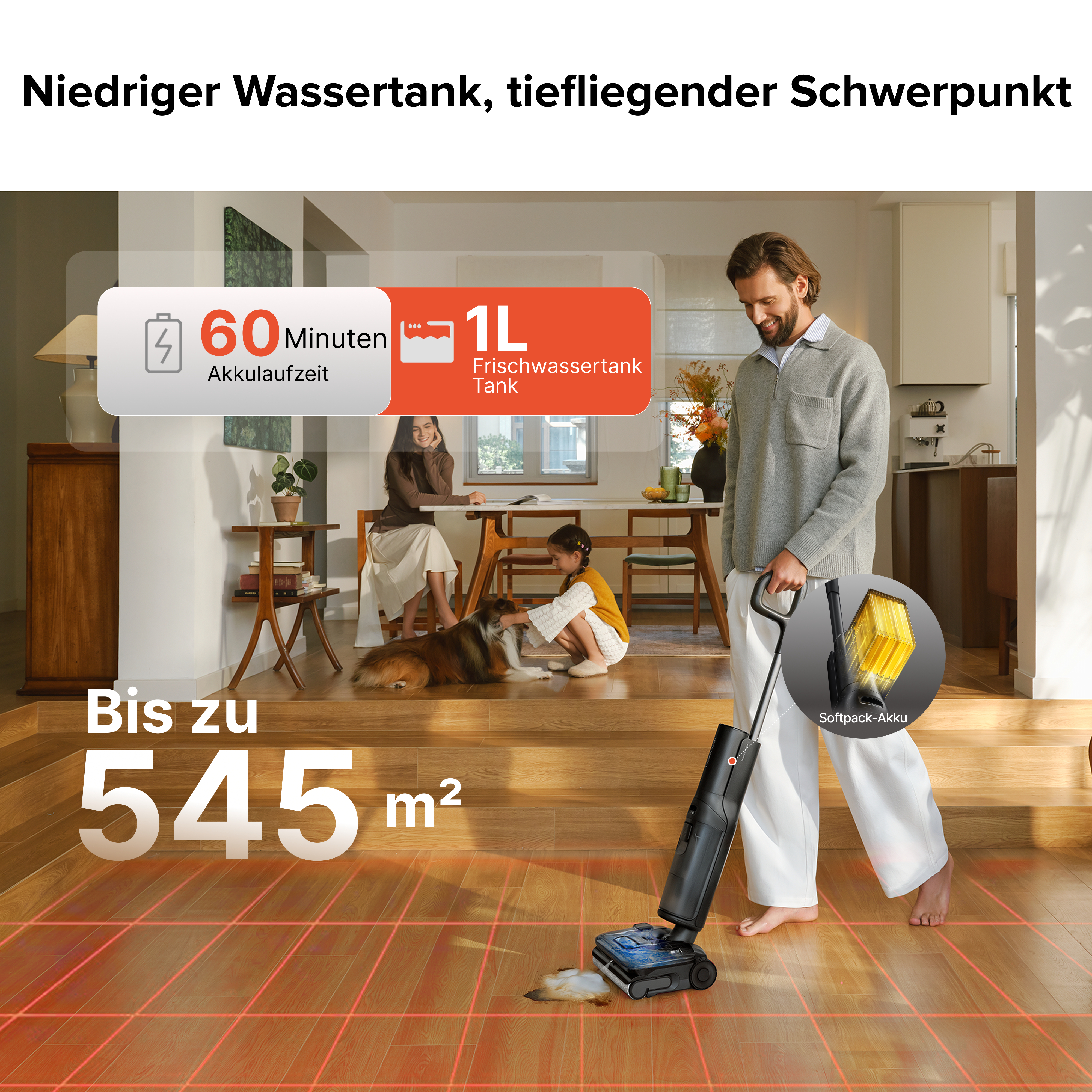 Ein Mann benutzt einen Bodenwischer mit roter Laserführung auf einem Holzboden. Ein Akku ist sichtbar.