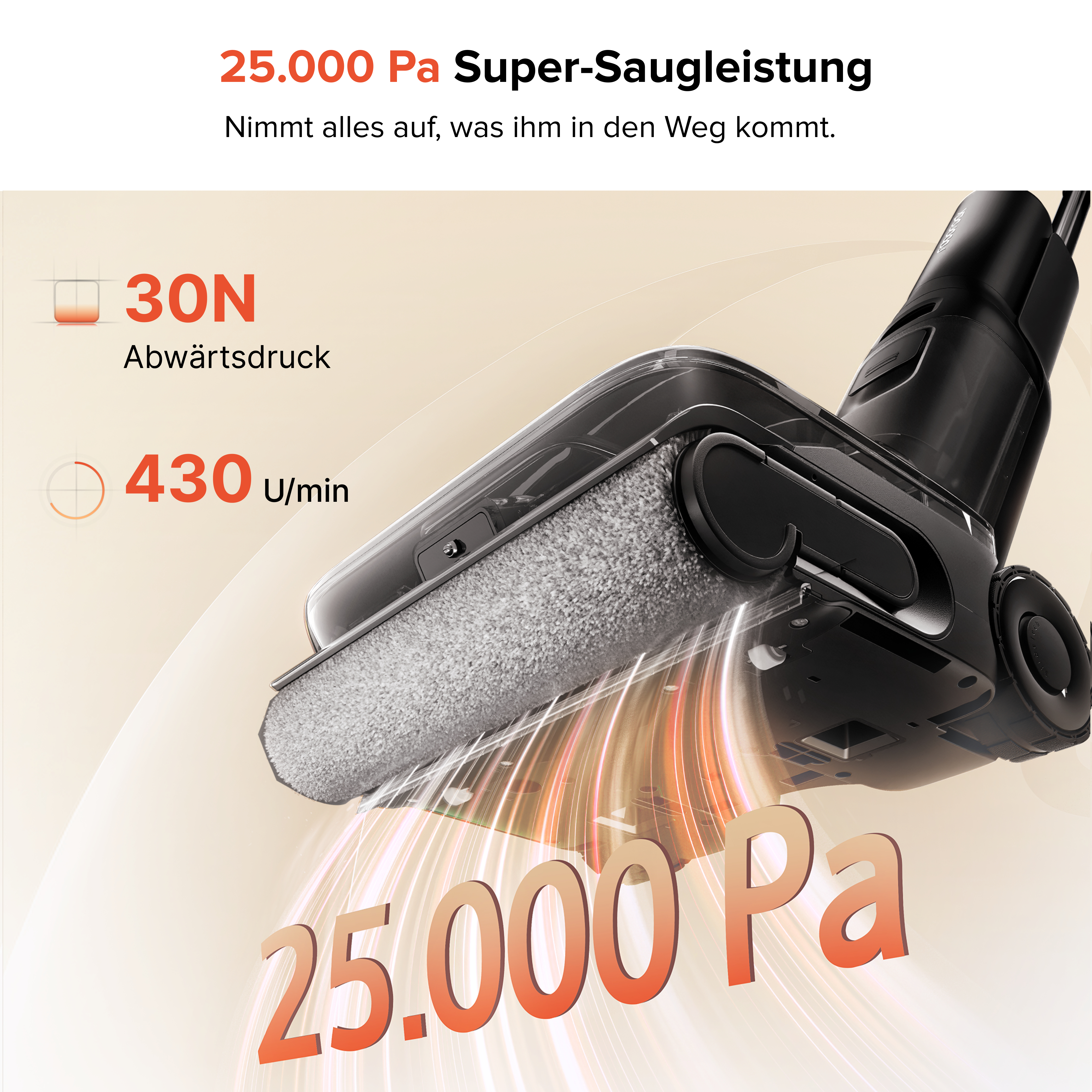Schwarzer Staubsauger mit 25.000 Pa Saugleistung. Text nennt 30N Abwärtsdruck.