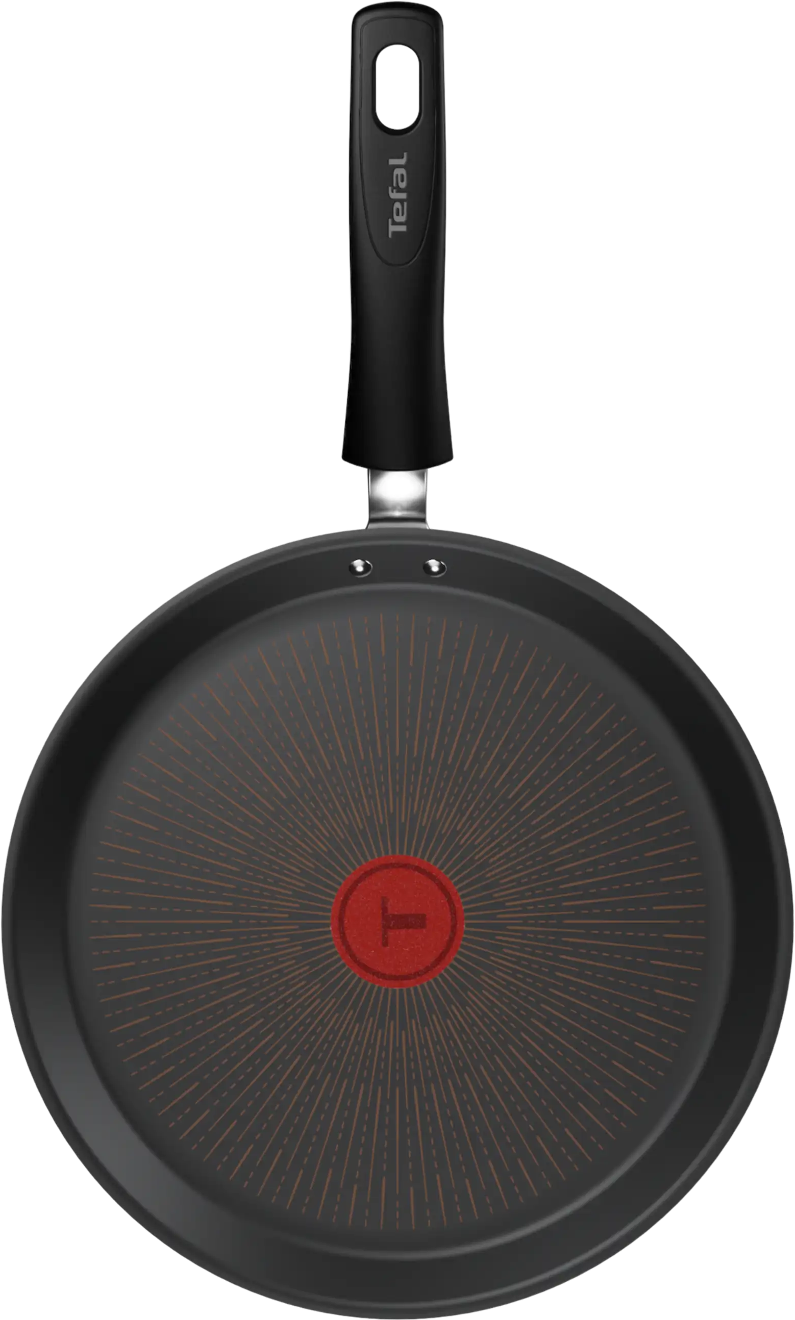 Padella nera con Thermospot rosso e logo Tefal sul manico.